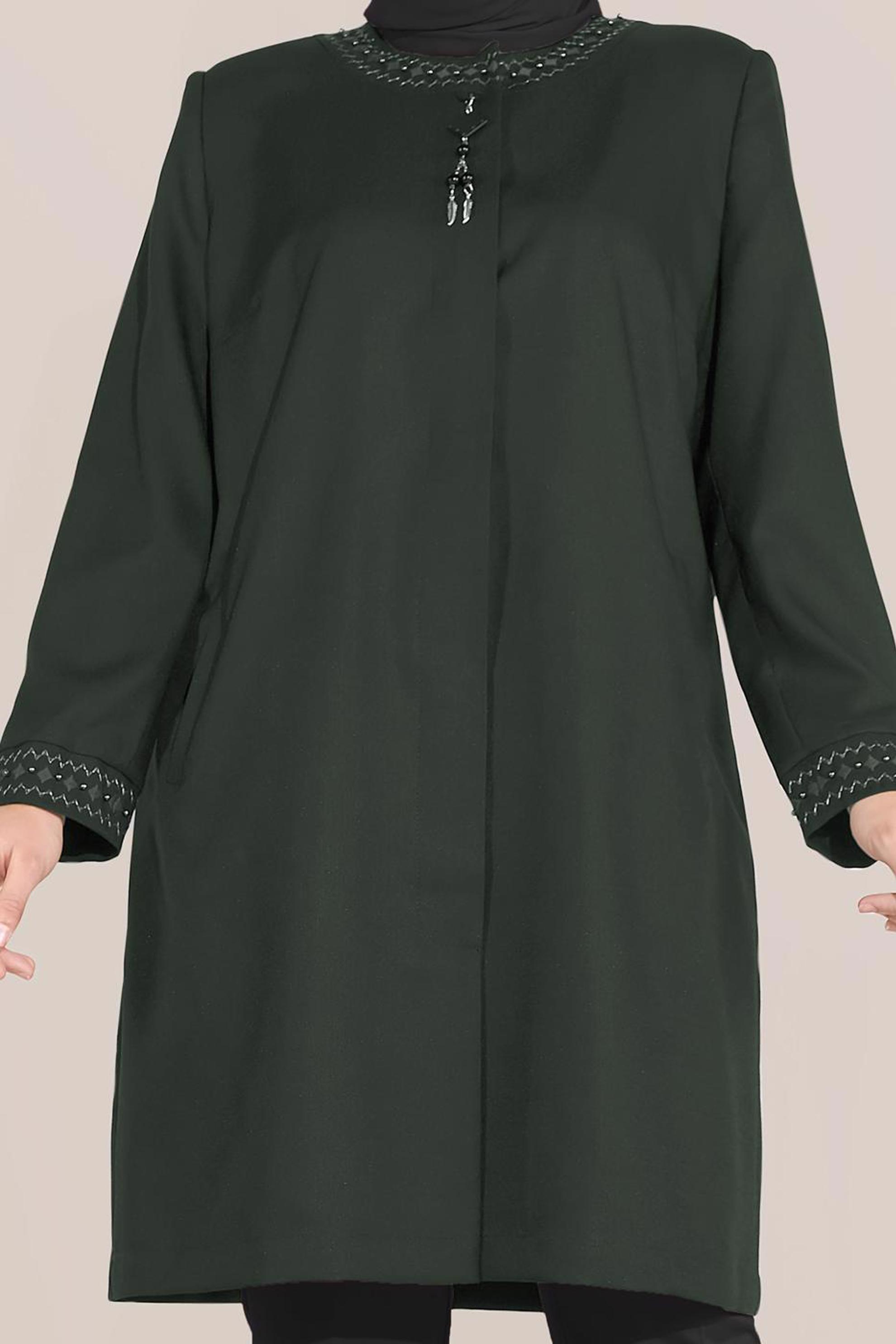 Vêtements hijab KAKI IMPERMÉABLE À COL ROND ET APPLIQUÉ DES BRODERIES 10232