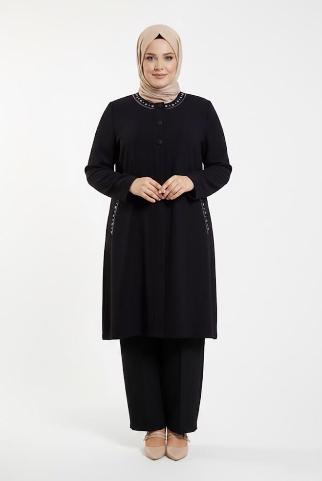 Vêtements hijab NOIR TRENCH-COAT BRODÉ À BOUTONS 10234 - ALVİNA