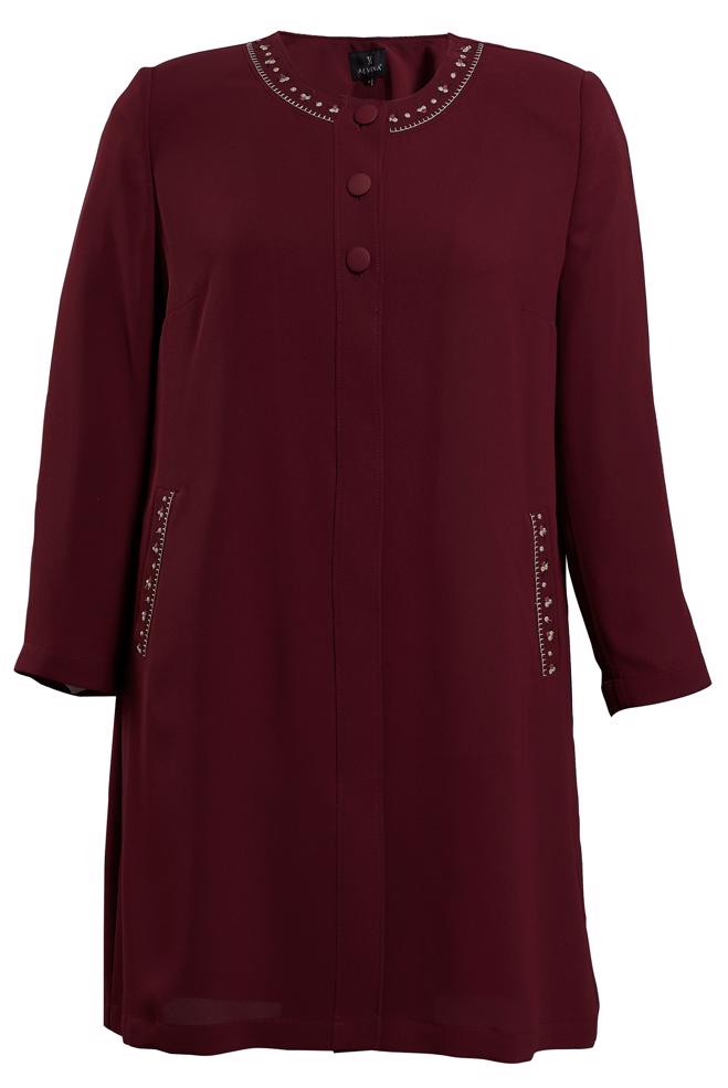 Tesettür giyim BORDO NAKIŞ DETAYLI DÜĞMELİ TRENÇKOT 10234 - ALVİNA