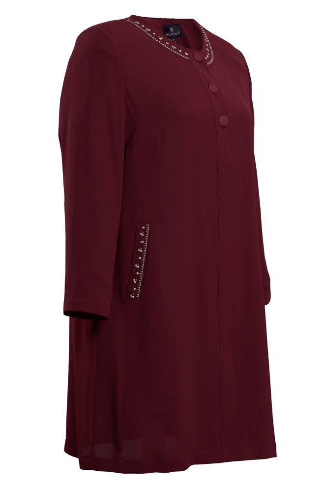 Tesettür giyim BORDO NAKIŞ DETAYLI DÜĞMELİ TRENÇKOT 10234 - ALVİNA