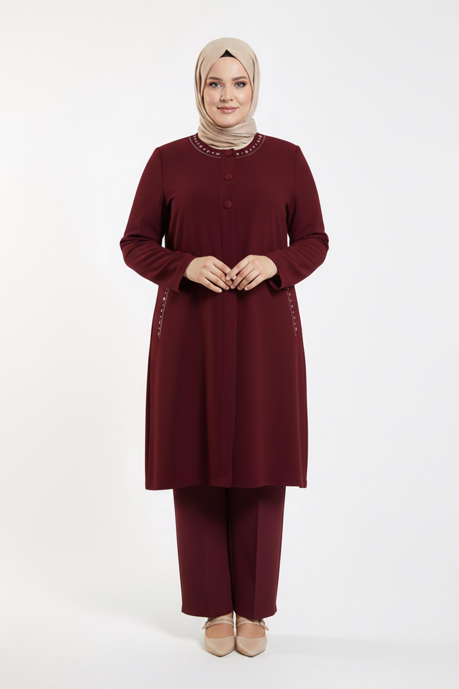 Vêtements hijab ROUGE BORDEAUX TRENCH-COAT BRODÉ À BOUTONS 10234
