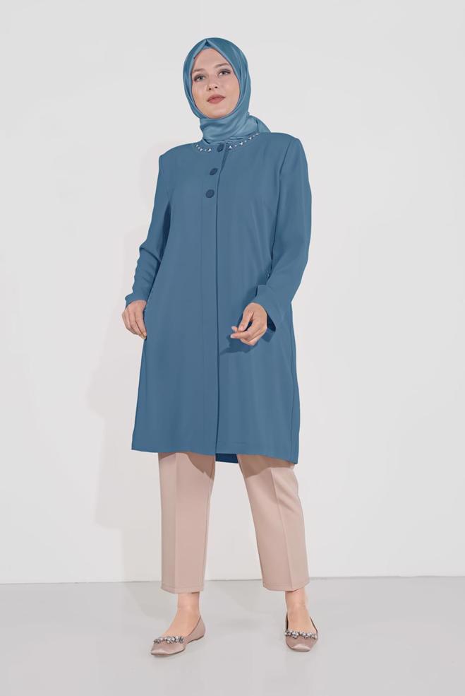 Tesettür giyim LACİVERT NAKIŞ DETAYLI DÜĞMELİ TRENÇKOT 10234 - ALVİNA