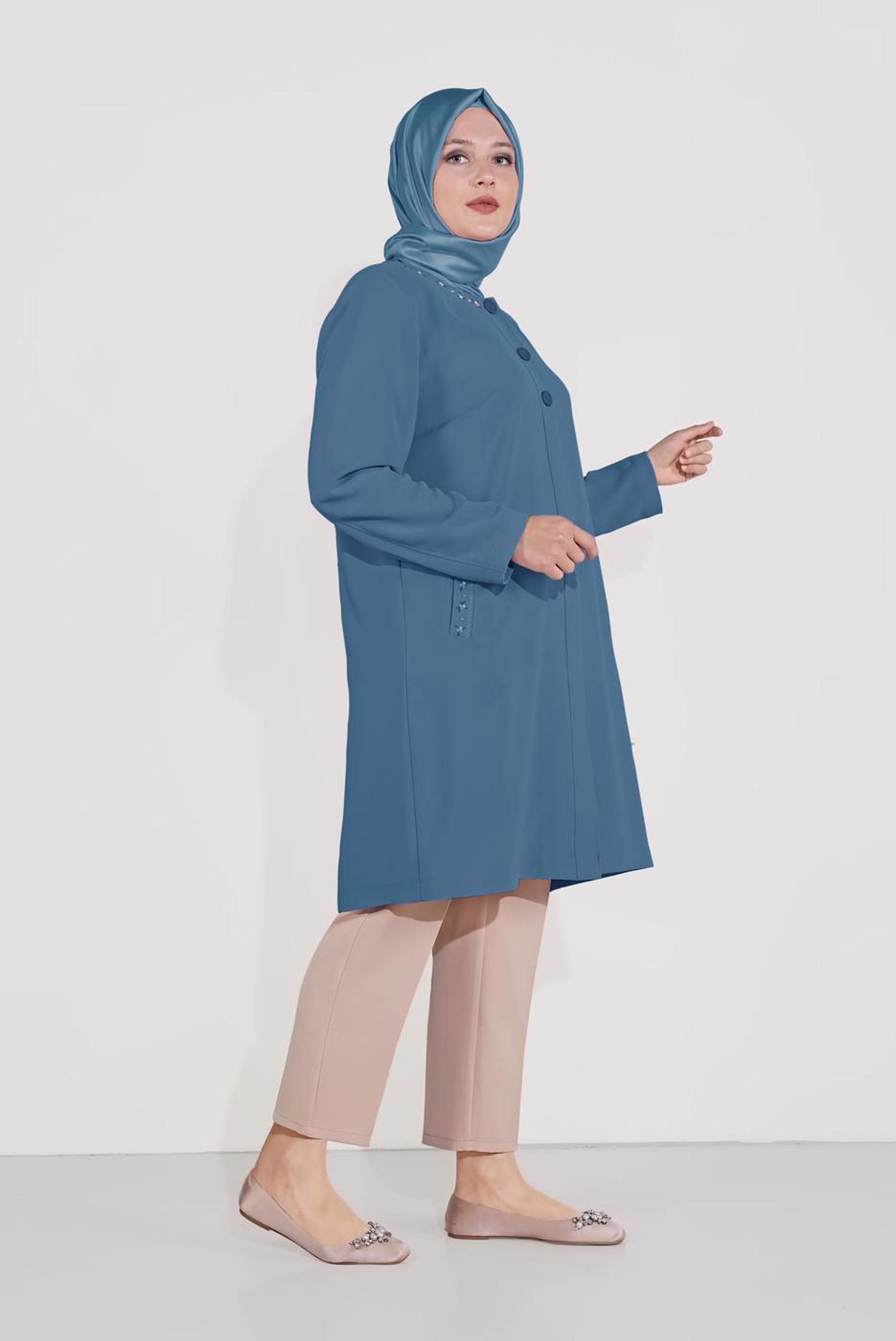 Hijab clothing NAVY BLUE EMBROIDERED TRENCH-COAT WITH BUTTON DETAIL 10234