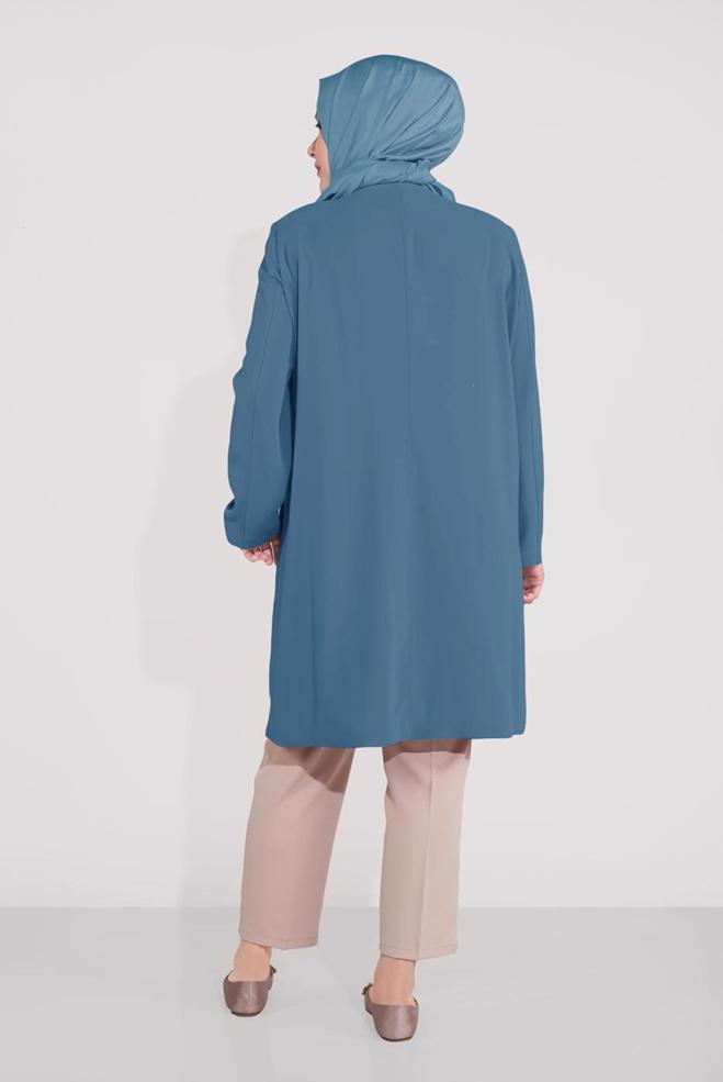 Tesettür giyim LACİVERT NAKIŞ DETAYLI DÜĞMELİ TRENÇKOT 10234 - ALVİNA