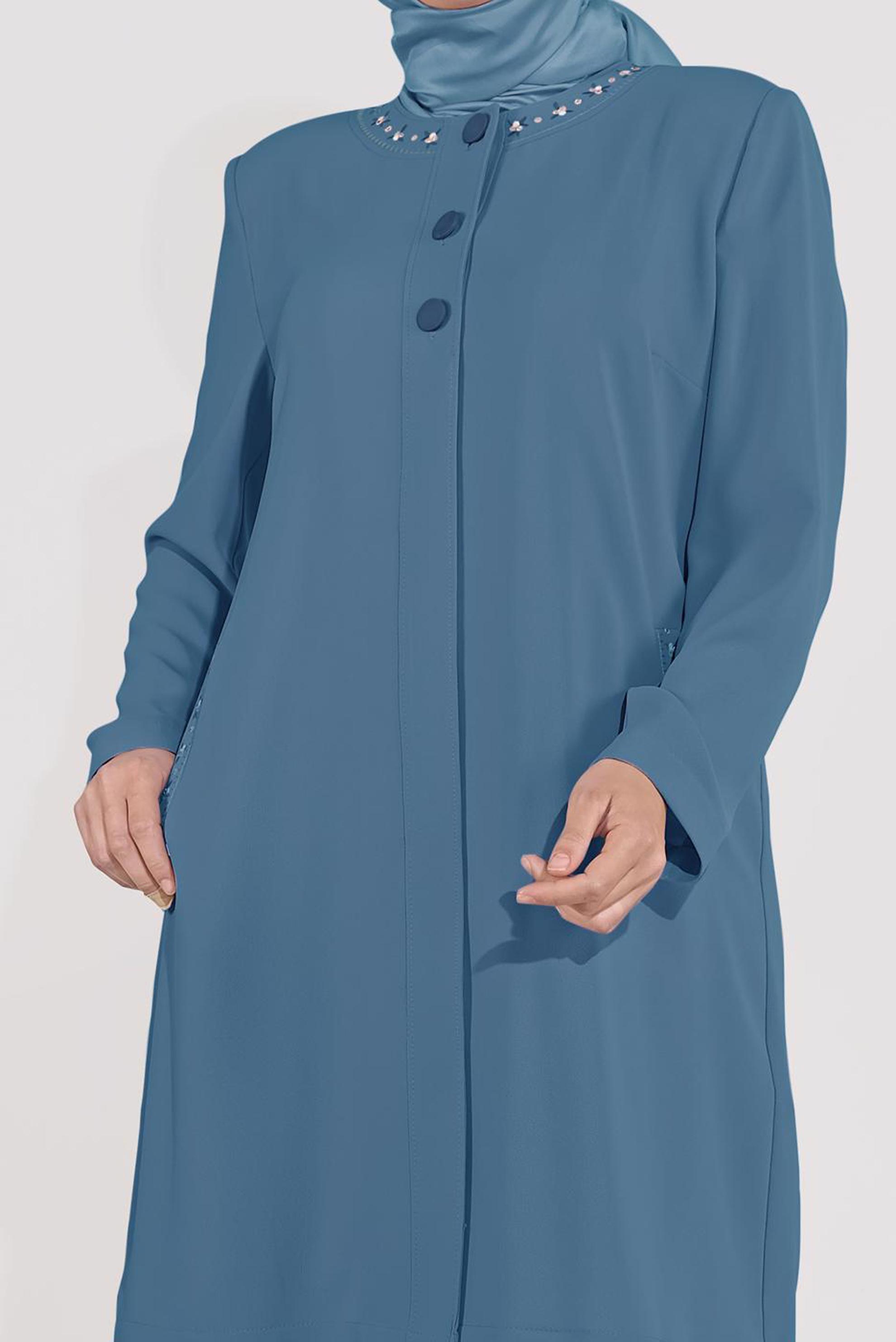 Hijab clothing NAVY BLUE EMBROIDERED TRENCH-COAT WITH BUTTON DETAIL 10234