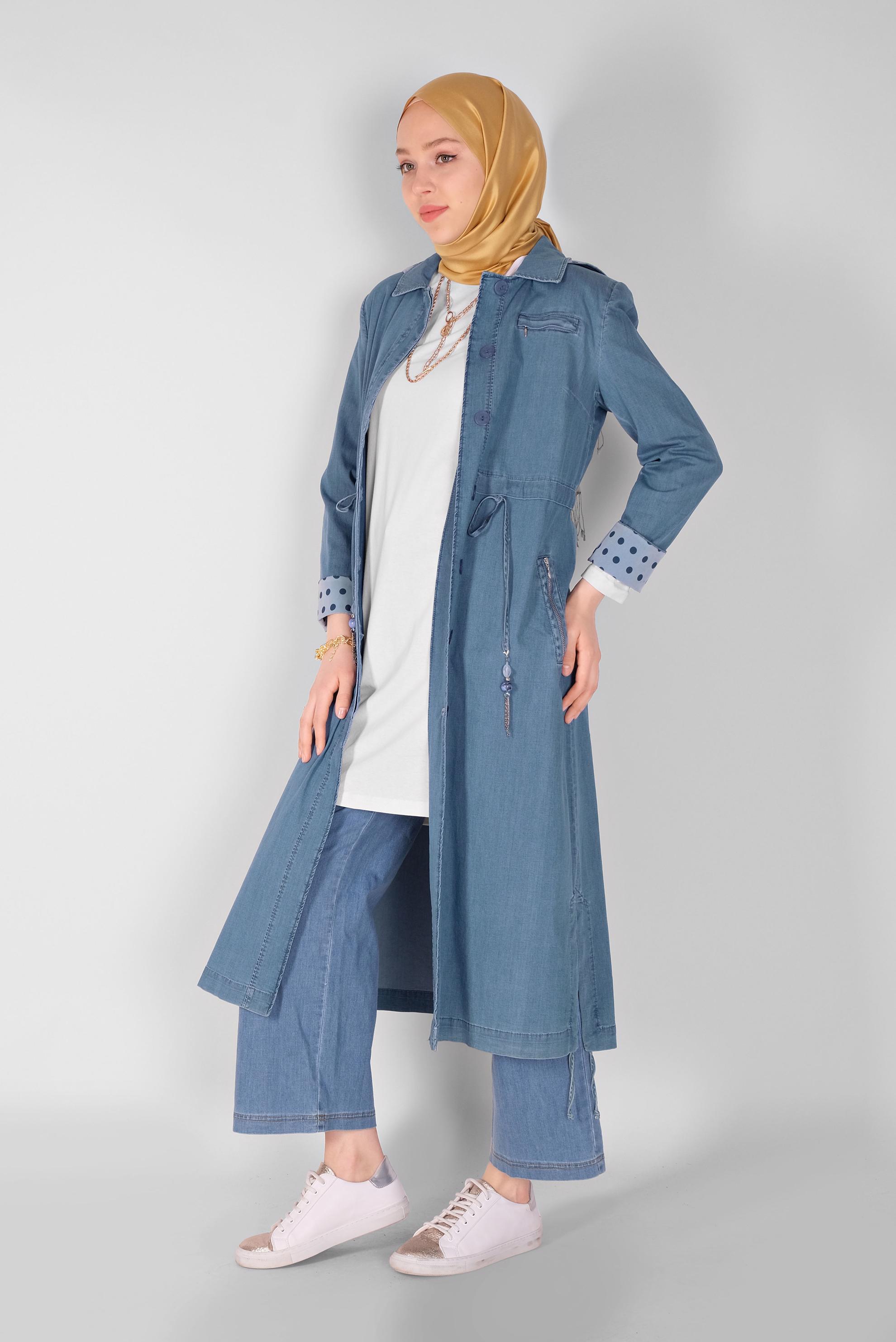 Tesettür giyim LACİVERT DENİM TRENÇKOT 10243 