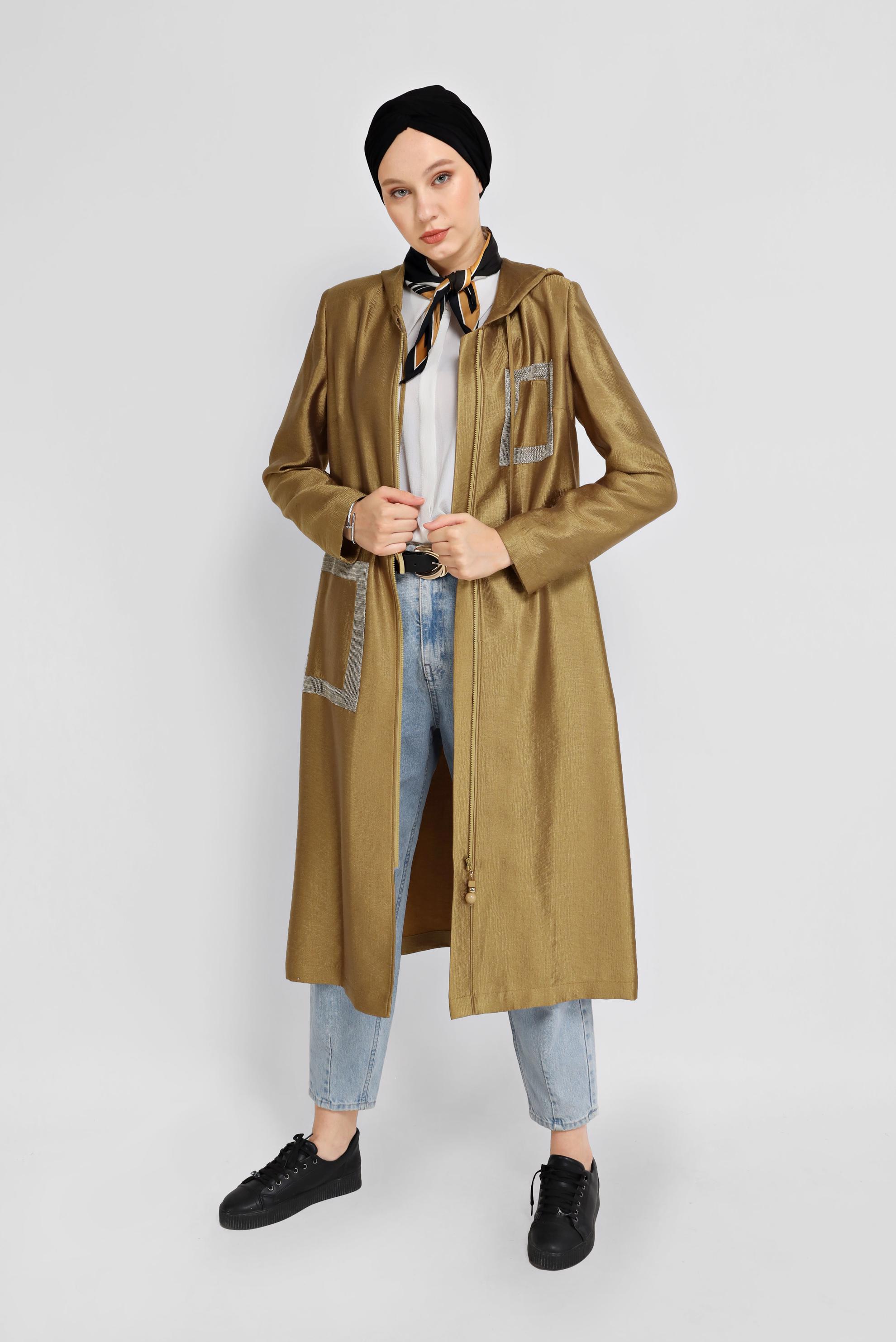 Tesettür giyim ALTIN FİLELİ FERMUARLI PARLAK KUMAŞ TRENÇKOT 10261 