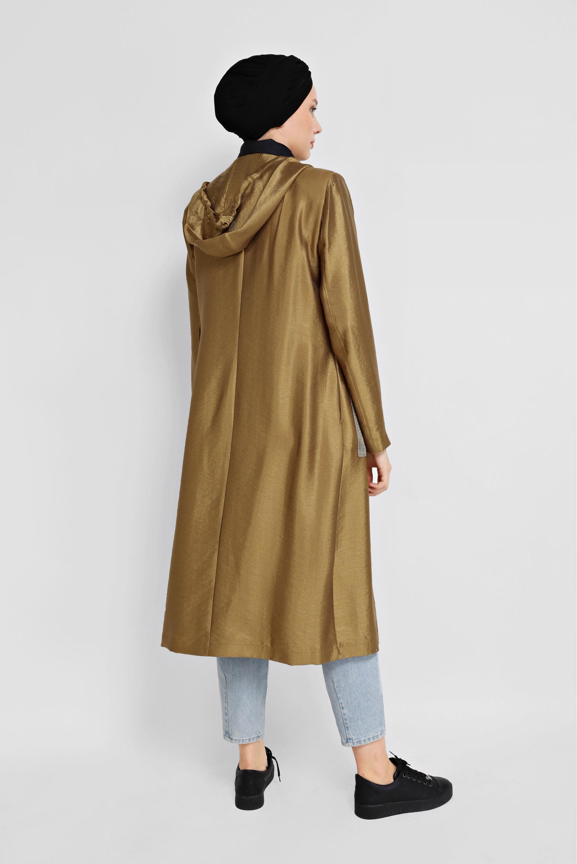 Tesettür giyim ALTIN FİLELİ FERMUARLI PARLAK KUMAŞ TRENÇKOT 10261 