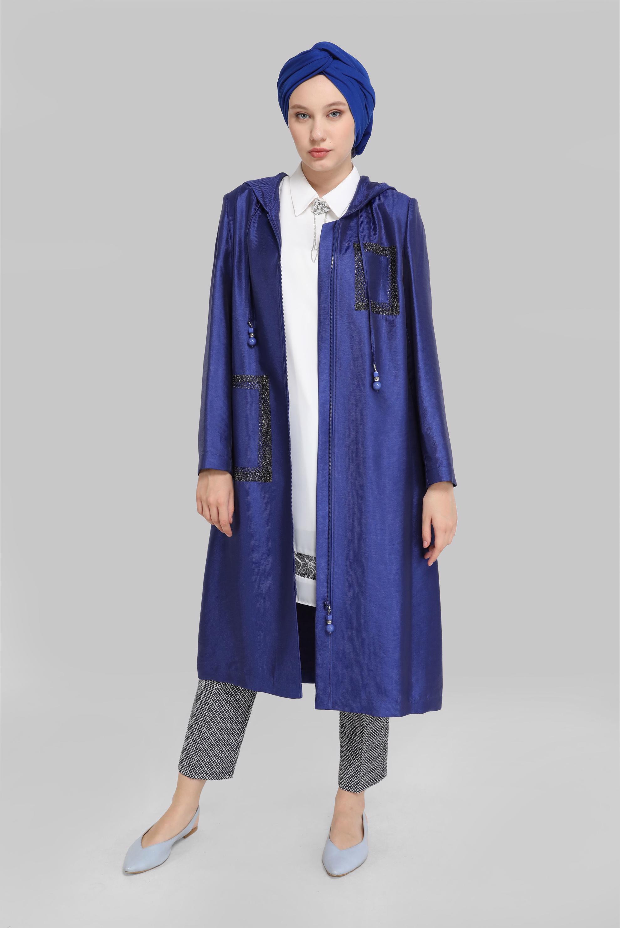 Tesettür giyim MAVİ FİLELİ FERMUARLI PARLAK KUMAŞ TRENÇKOT 10261 