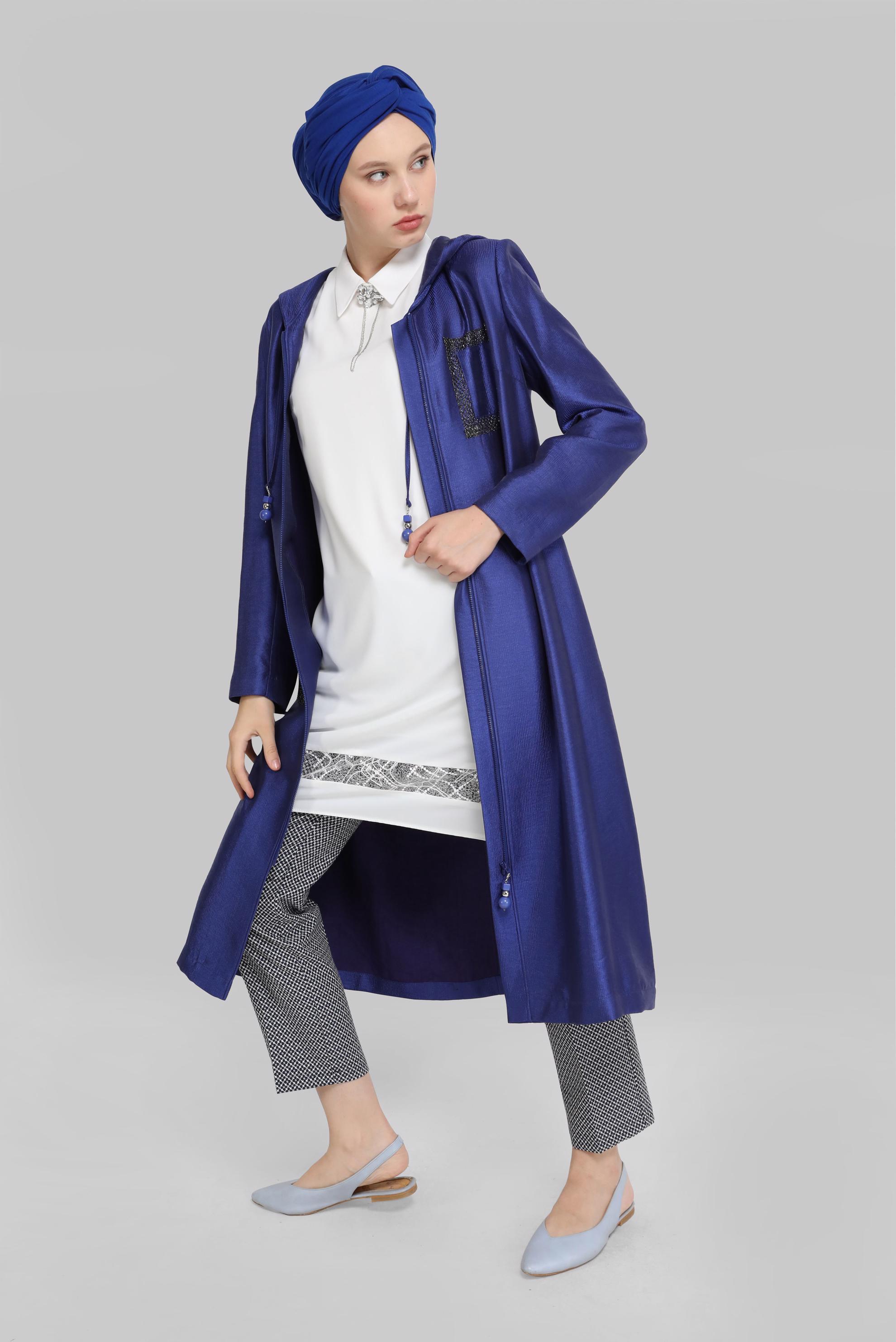 Tesettür giyim MAVİ FİLELİ FERMUARLI PARLAK KUMAŞ TRENÇKOT 10261 