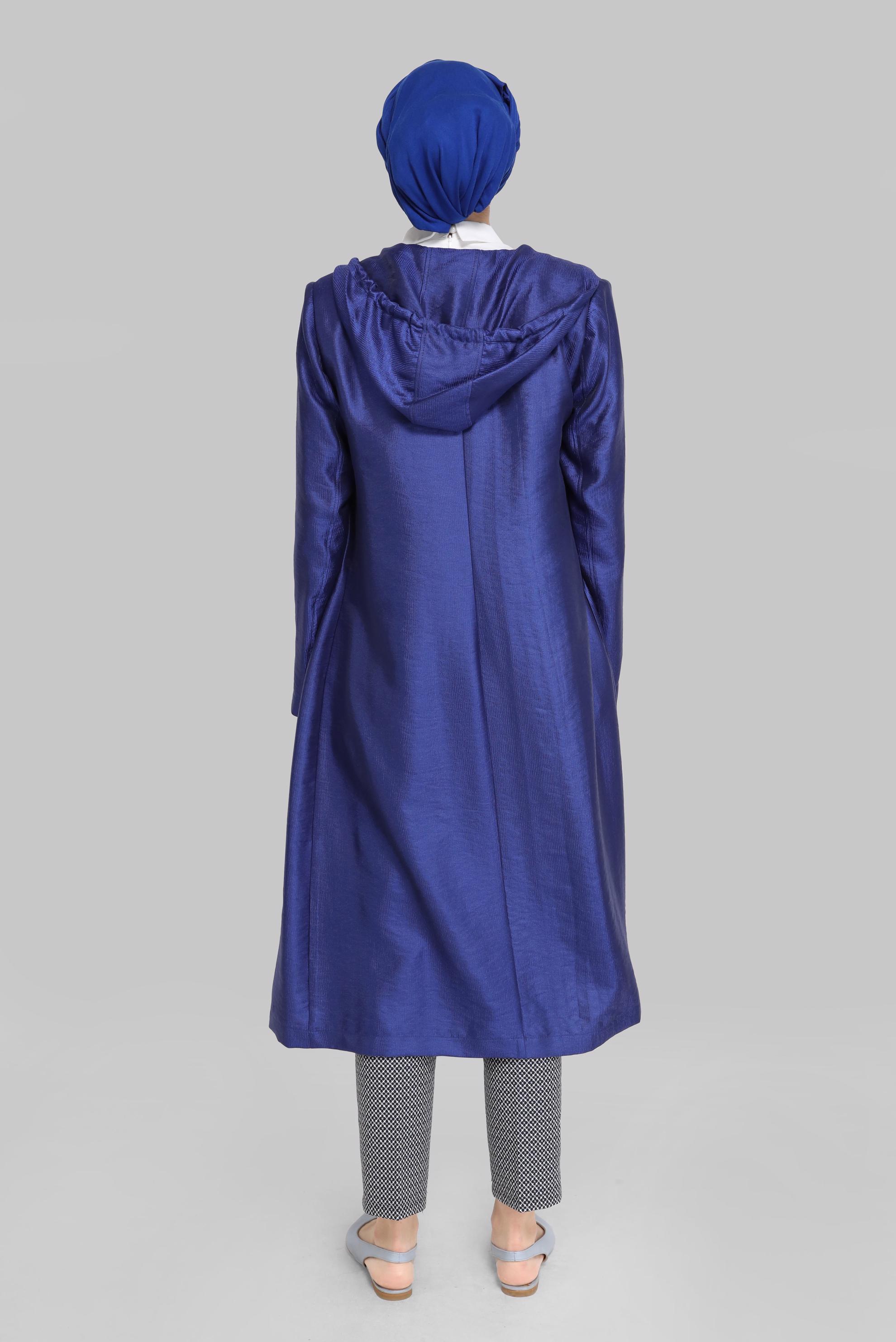 Tesettür giyim MAVİ FİLELİ FERMUARLI PARLAK KUMAŞ TRENÇKOT 10261 