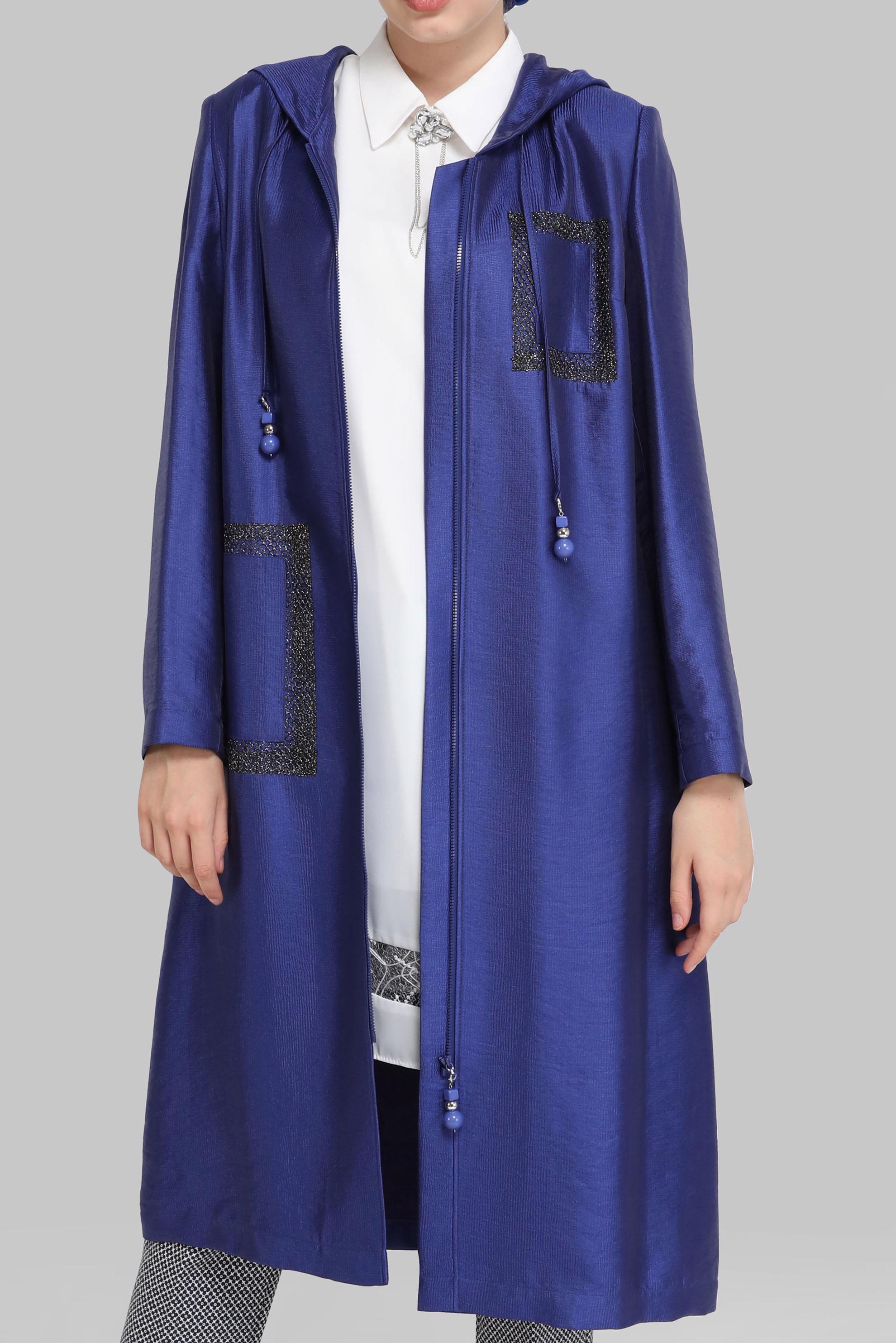 Tesettür giyim MAVİ FİLELİ FERMUARLI PARLAK KUMAŞ TRENÇKOT 10261 