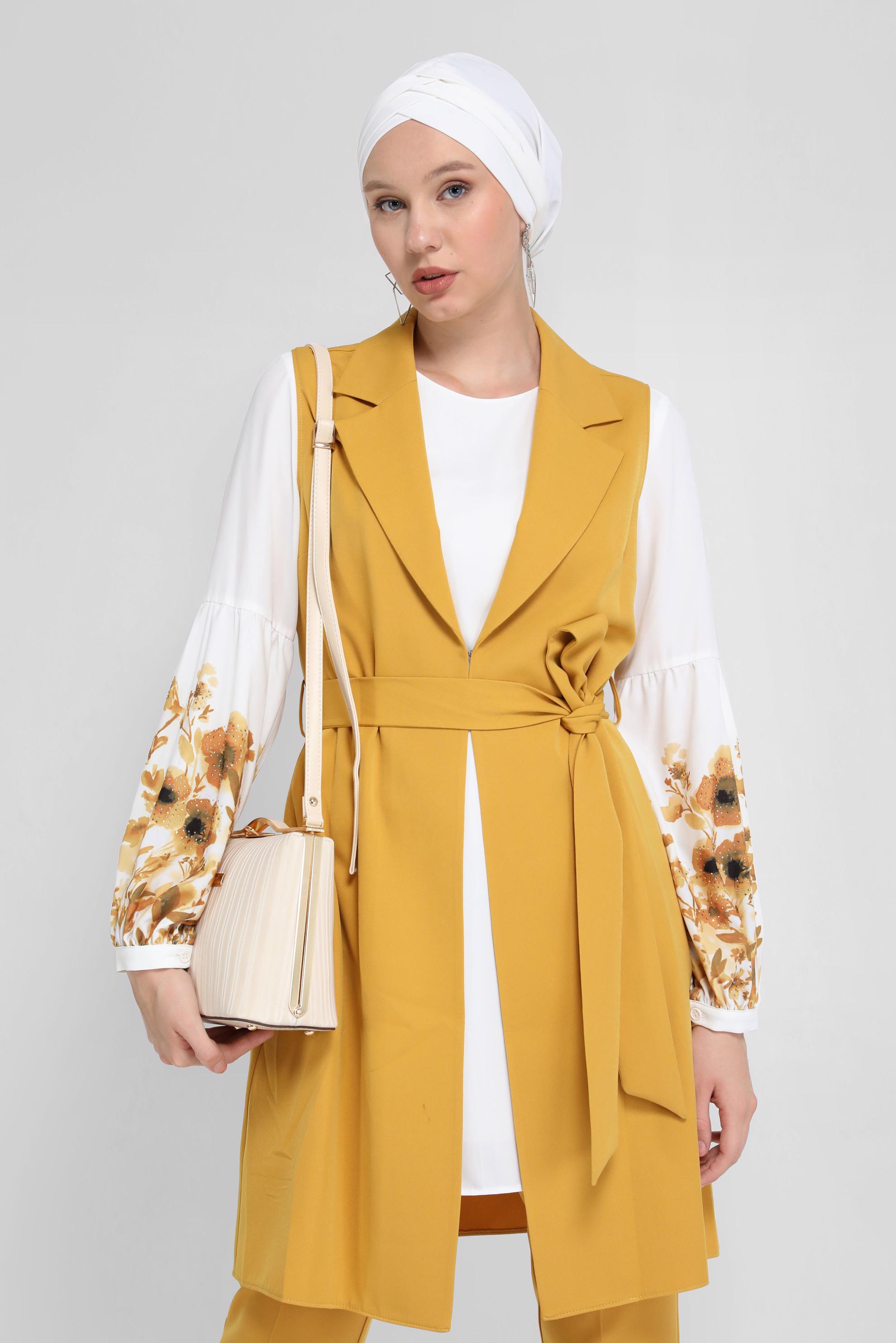 Tesettür giyim SARI KUŞAKLI ÜÇLÜ PANTOLONLU TAKIM 30042 