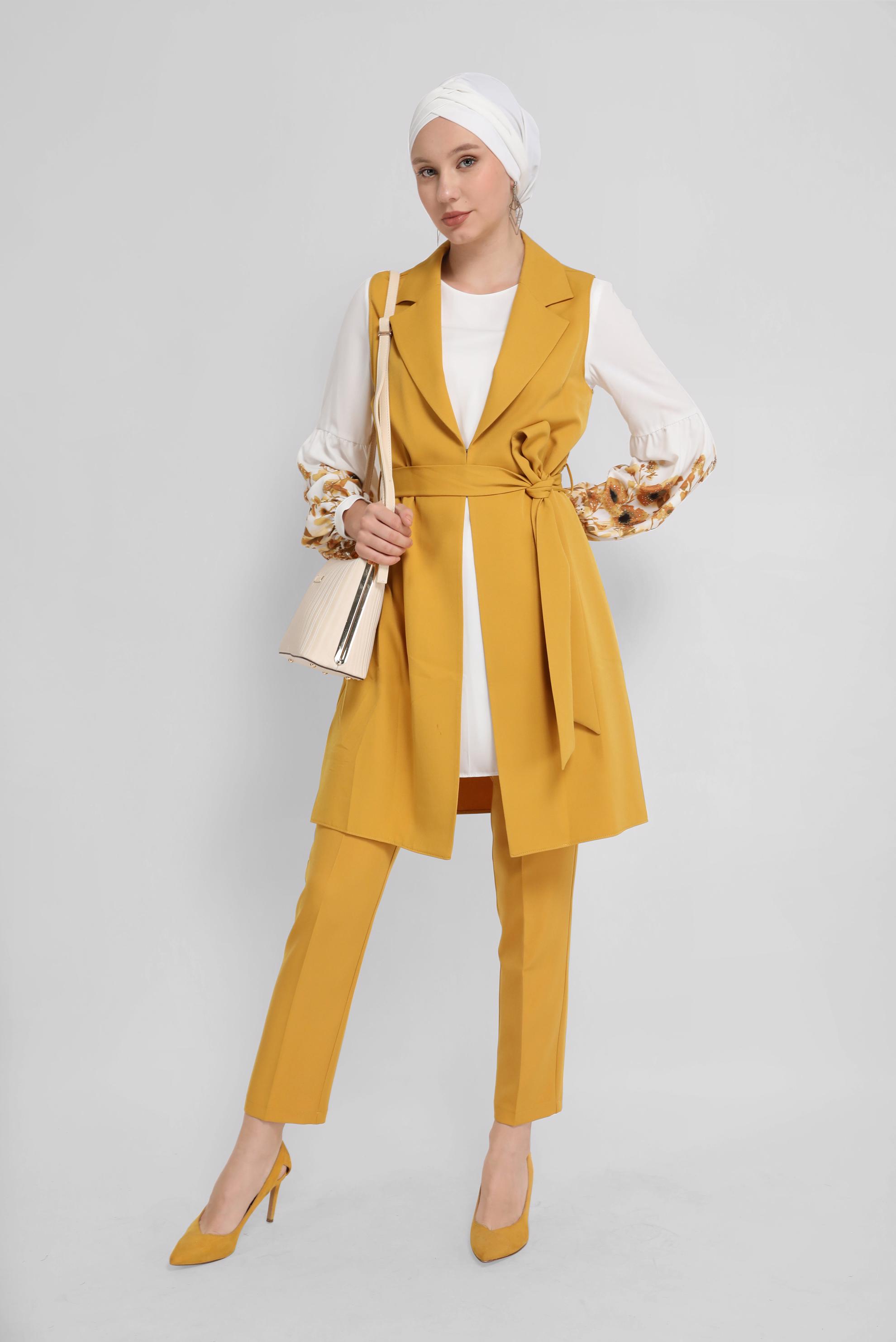 Tesettür giyim SARI KUŞAKLI ÜÇLÜ PANTOLONLU TAKIM 30042 