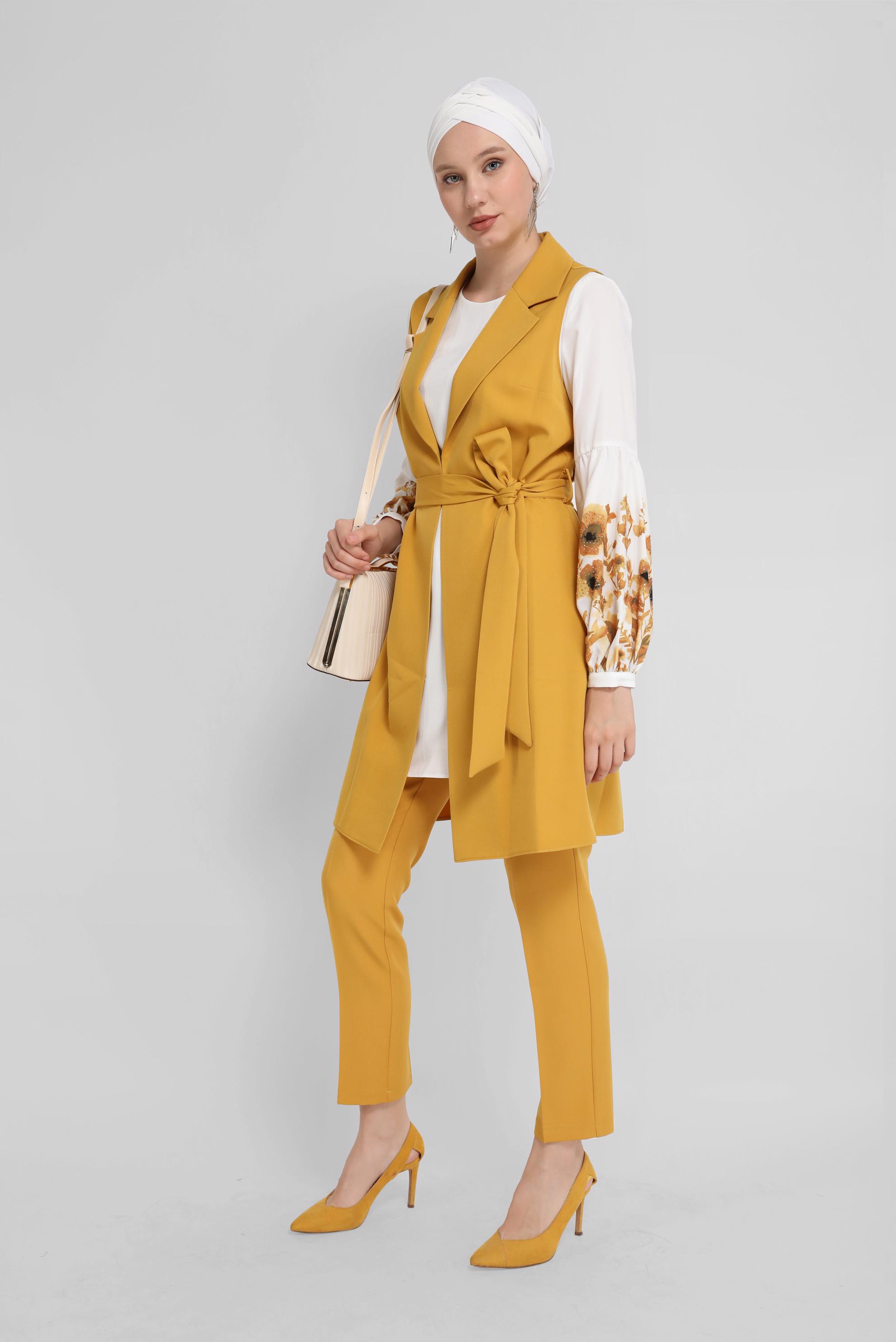 Tesettür giyim SARI KUŞAKLI ÜÇLÜ PANTOLONLU TAKIM 30042 