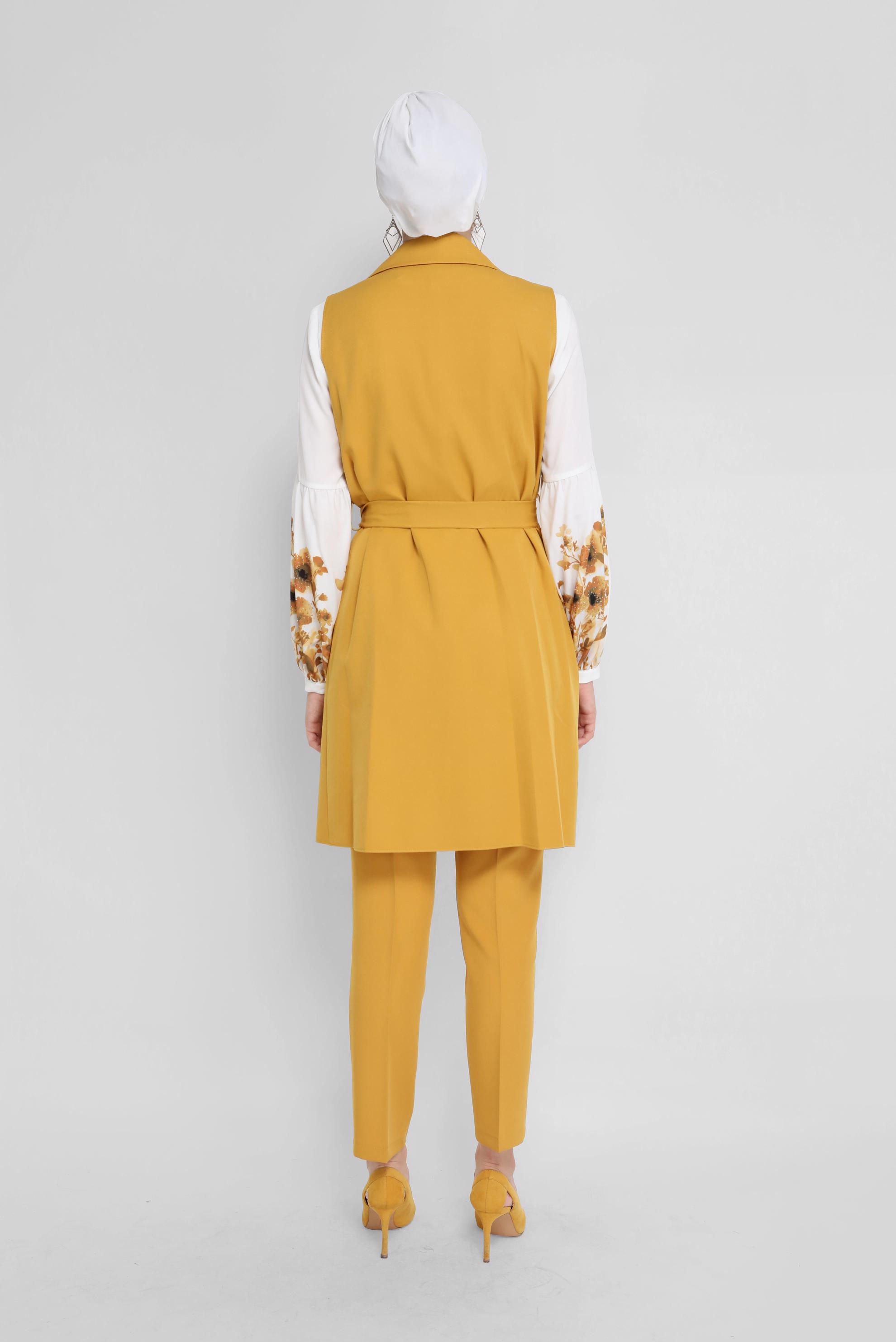 Tesettür giyim SARI KUŞAKLI ÜÇLÜ PANTOLONLU TAKIM 30042 