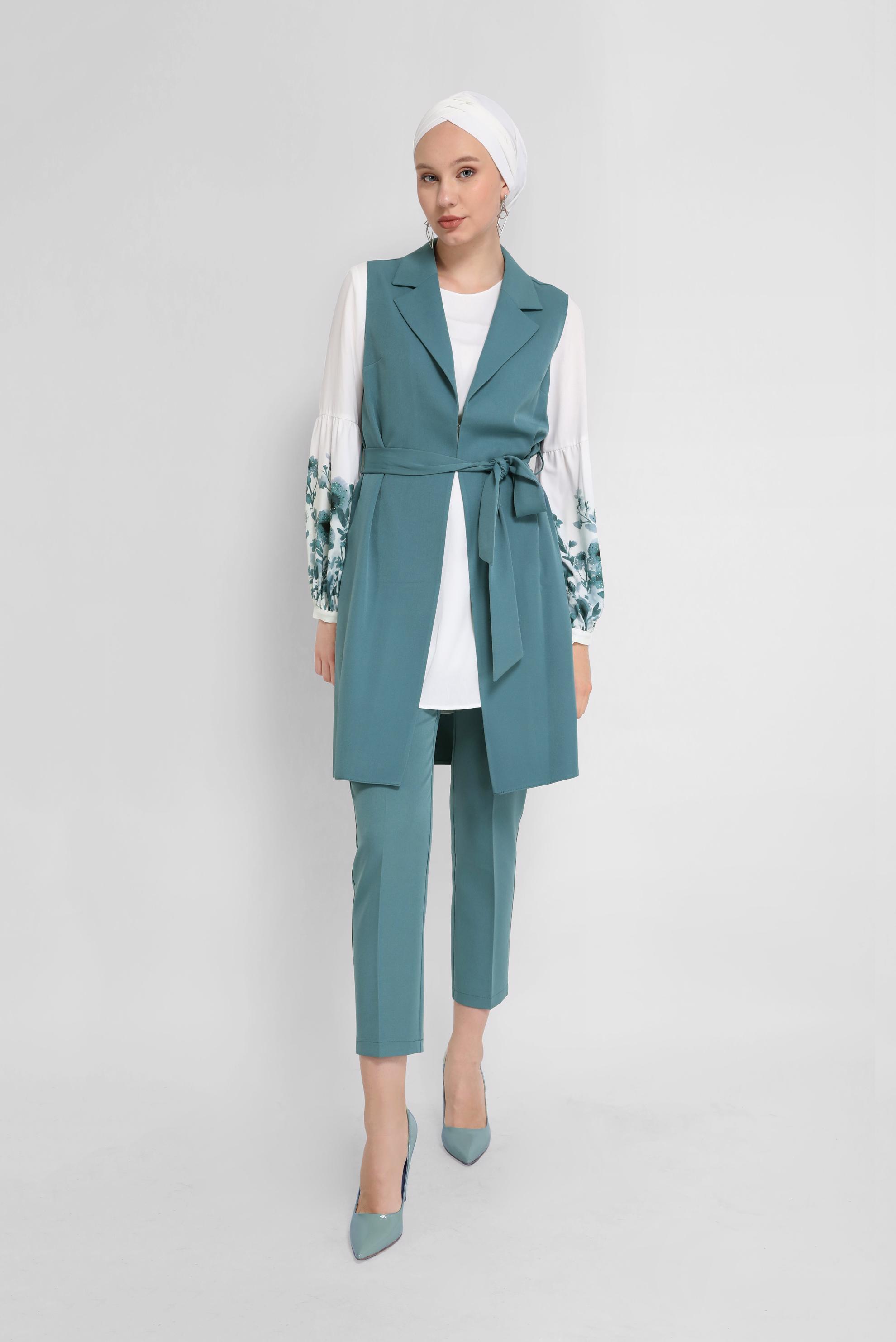 Tesettür giyim MAVİ KUŞAKLI ÜÇLÜ PANTOLONLU TAKIM 30042 
