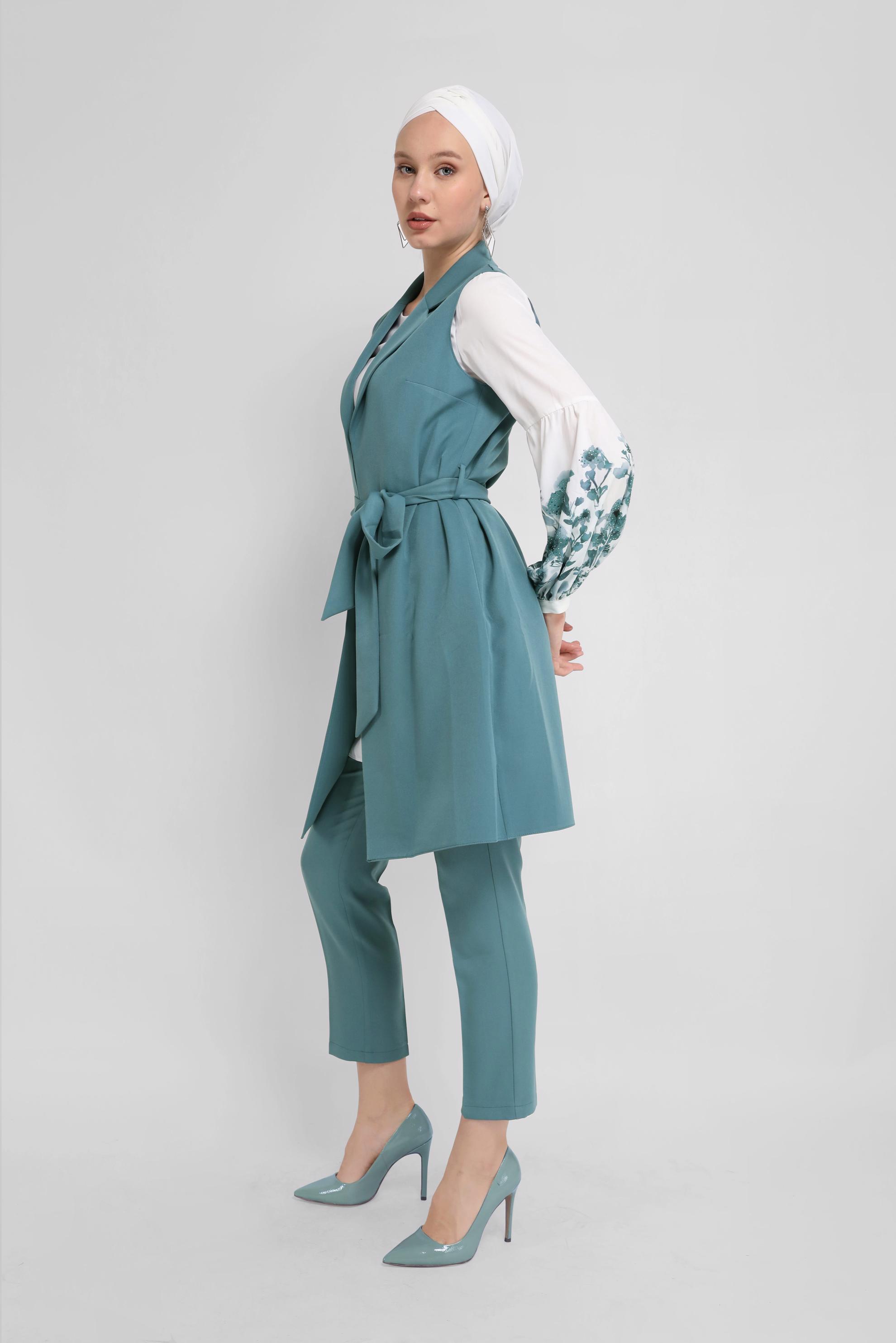 Tesettür giyim MAVİ KUŞAKLI ÜÇLÜ PANTOLONLU TAKIM 30042 