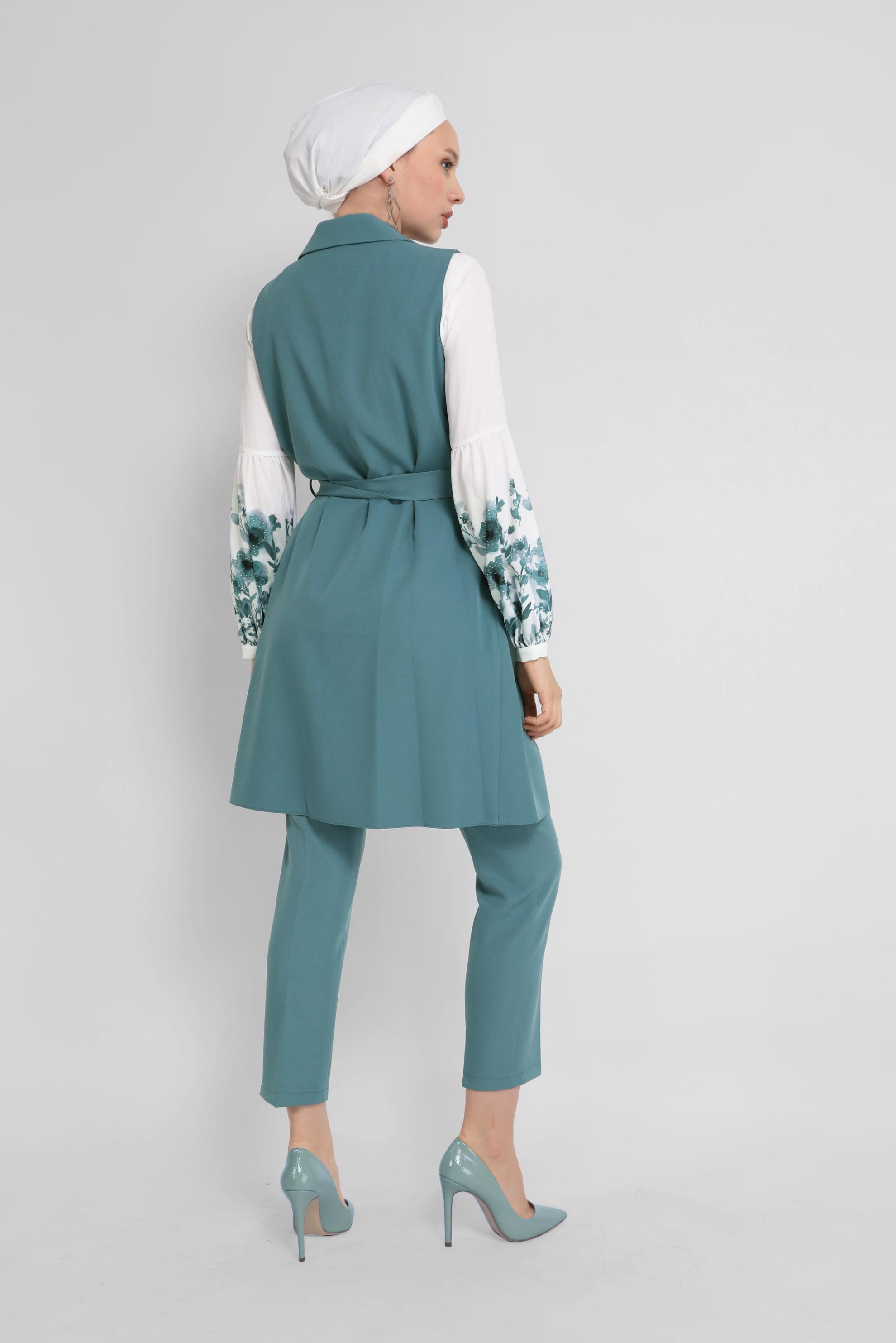 Tesettür giyim MAVİ KUŞAKLI ÜÇLÜ PANTOLONLU TAKIM 30042 