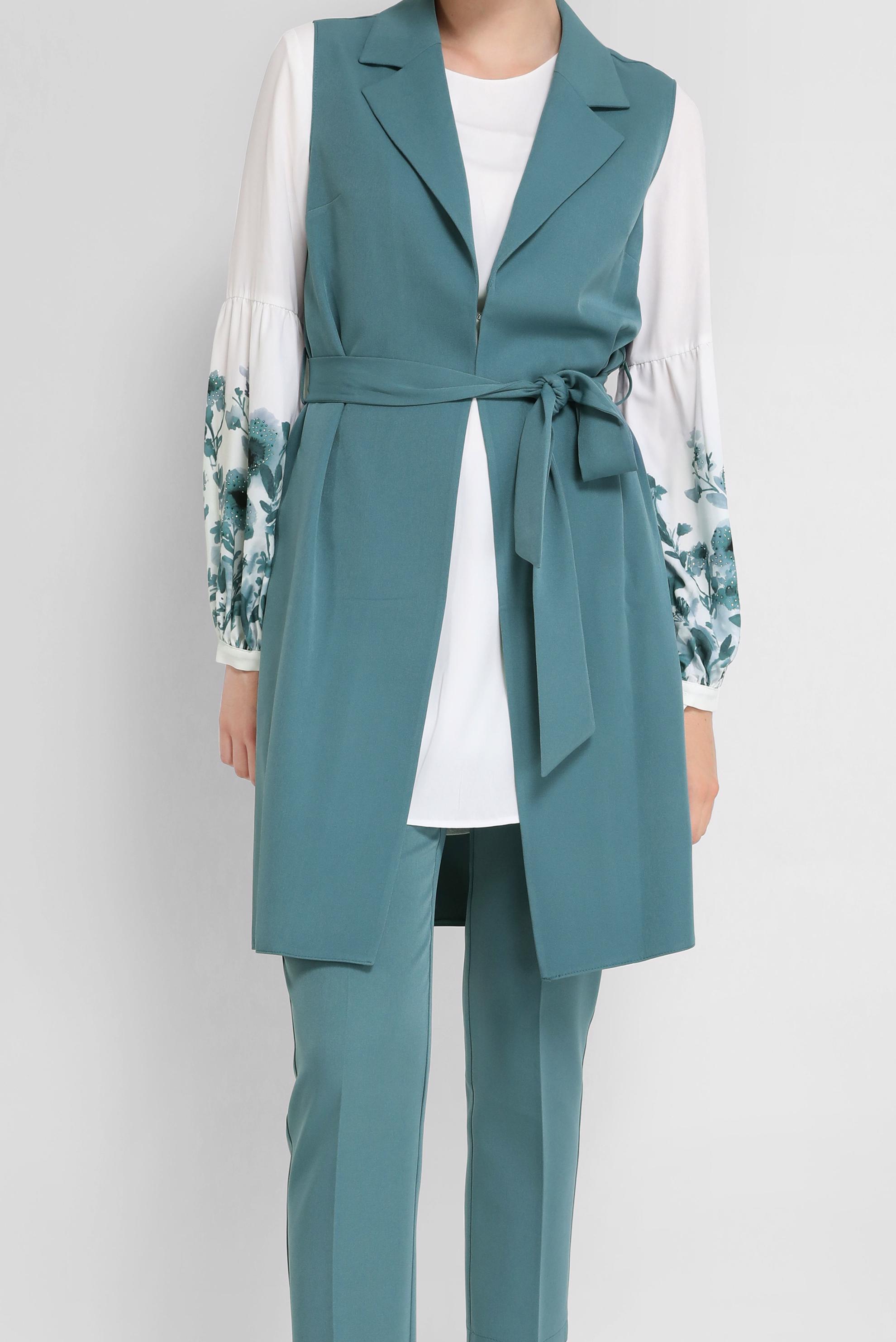 Tesettür giyim MAVİ KUŞAKLI ÜÇLÜ PANTOLONLU TAKIM 30042 