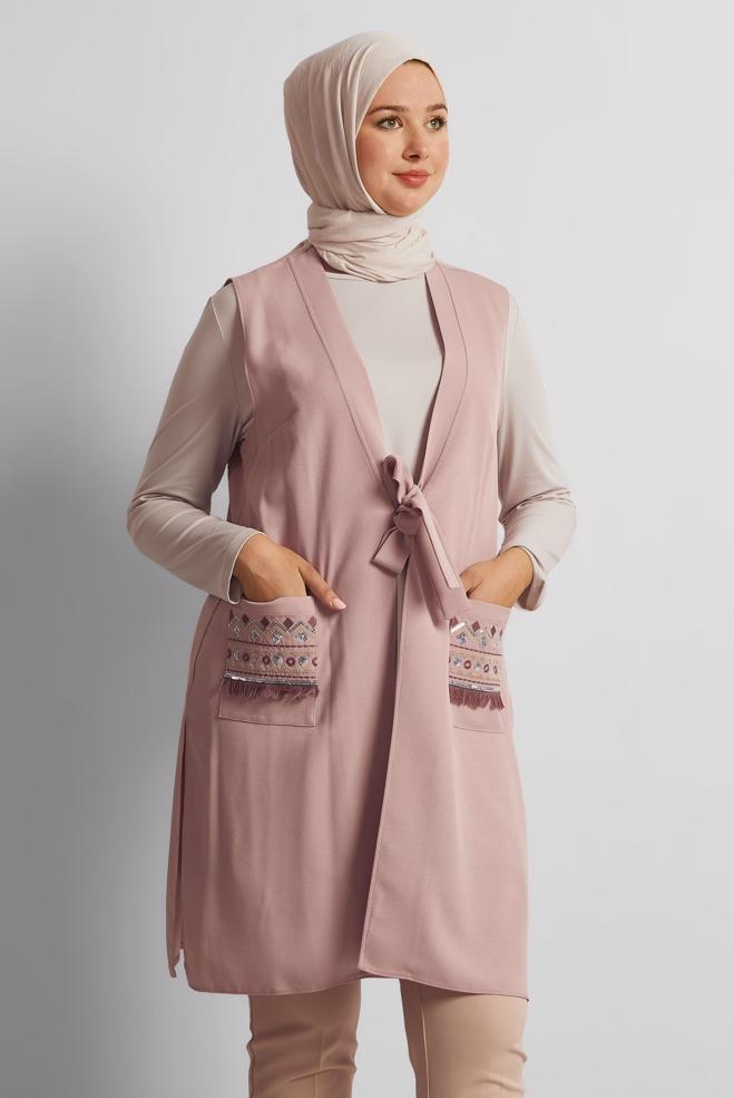 Tesettür giyim PUDRA İŞLEME DETAYLI YELEK 40848 - ALVİNA