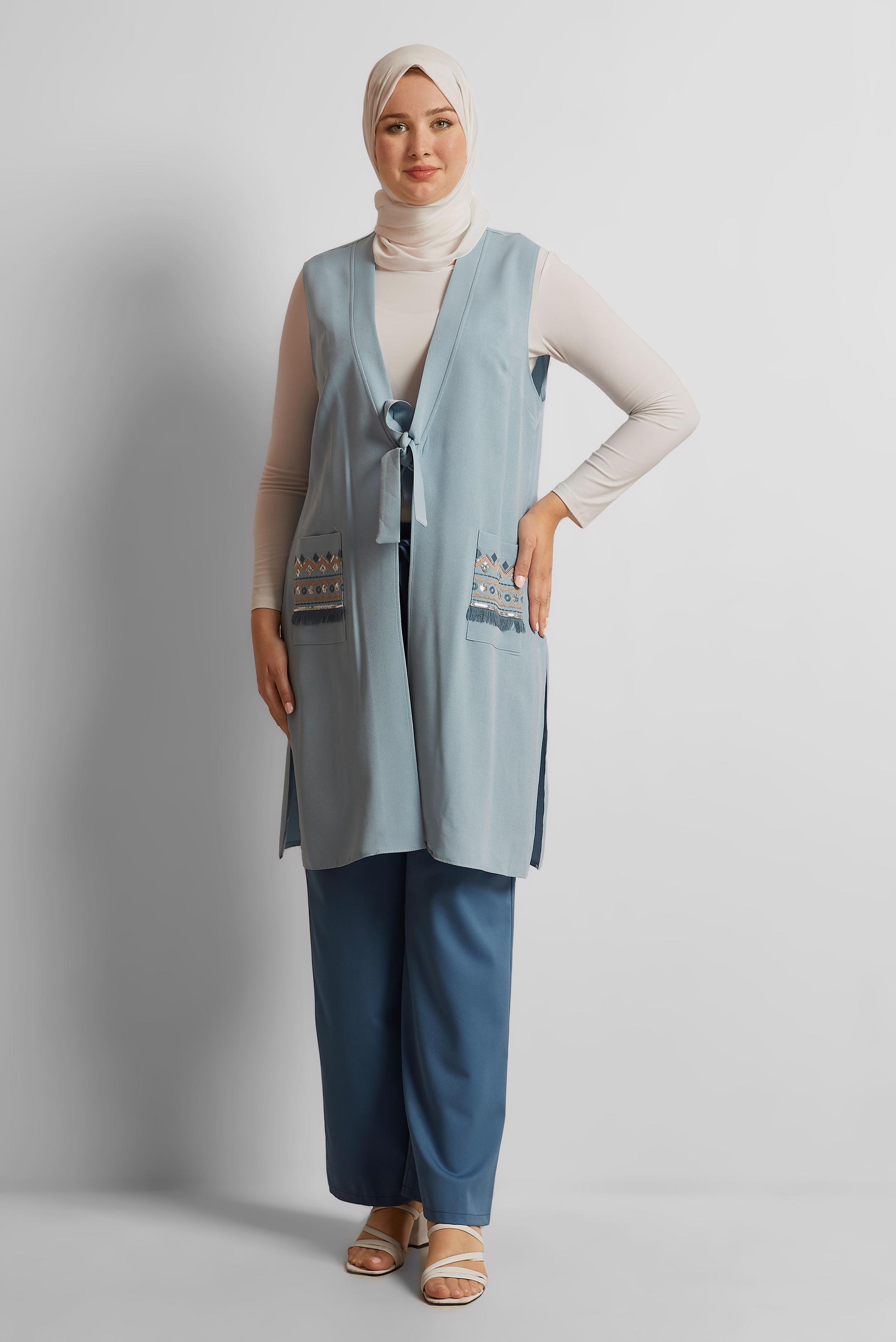 Tesettür giyim MAVİ İŞLEME DETAYLI YELEK 40848