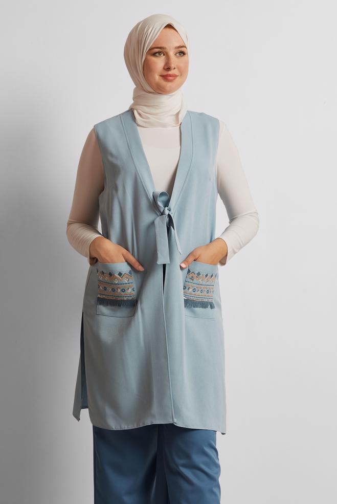 Tesettür giyim MAVİ İŞLEME DETAYLI YELEK 40848 - ALVİNA