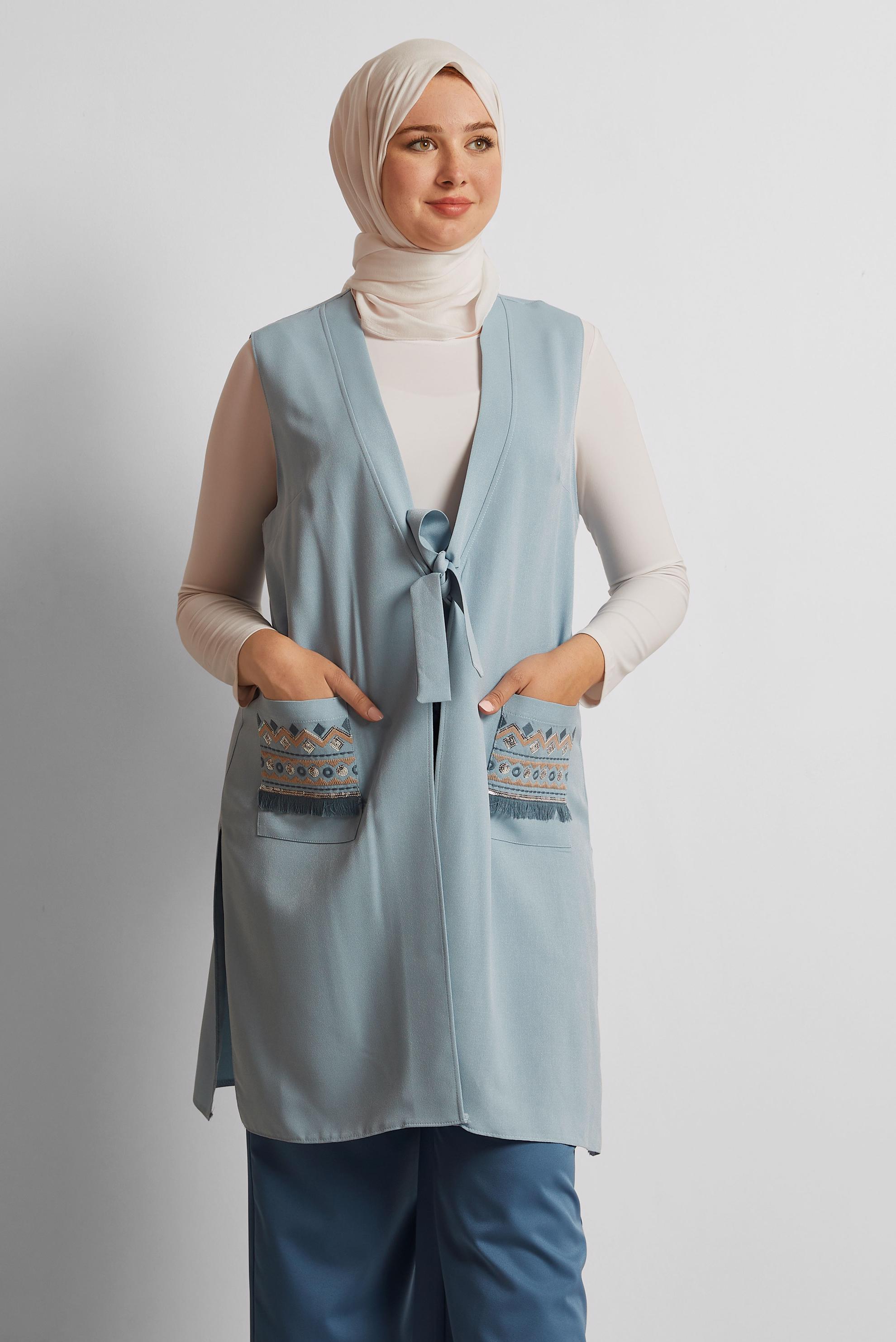 Tesettür giyim MAVİ İŞLEME DETAYLI YELEK 40848