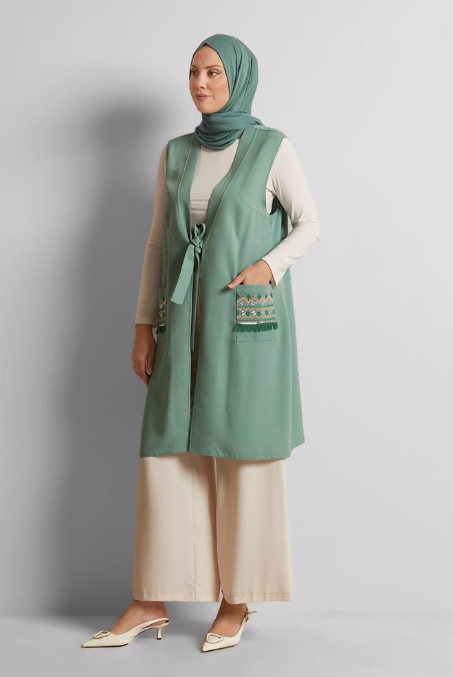 Tesettür giyim YEŞİL İŞLEME DETAYLI YELEK 40848 - ALVİNA