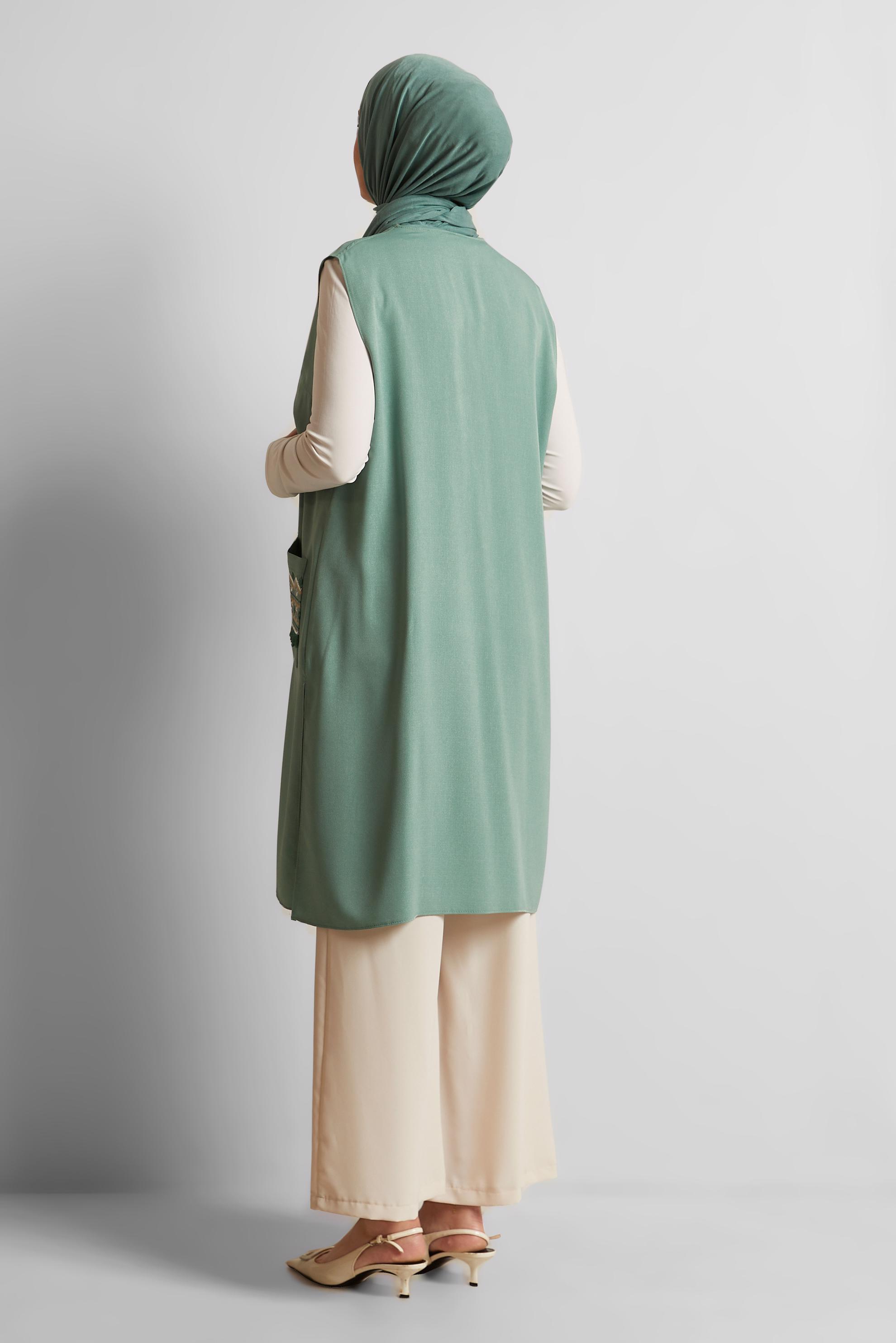 Tesettür giyim YEŞİL İŞLEME DETAYLI YELEK 40848