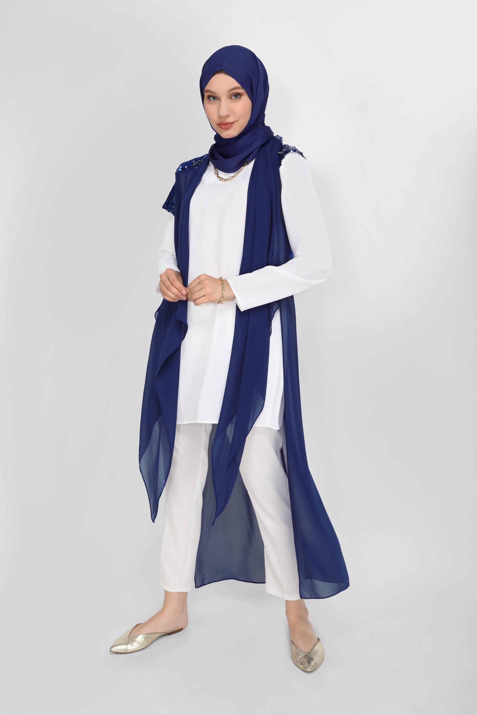 Tesettür giyim LACİVERT PULLU ASİMETRİK KESİM  ŞİFON YELEK 40851  