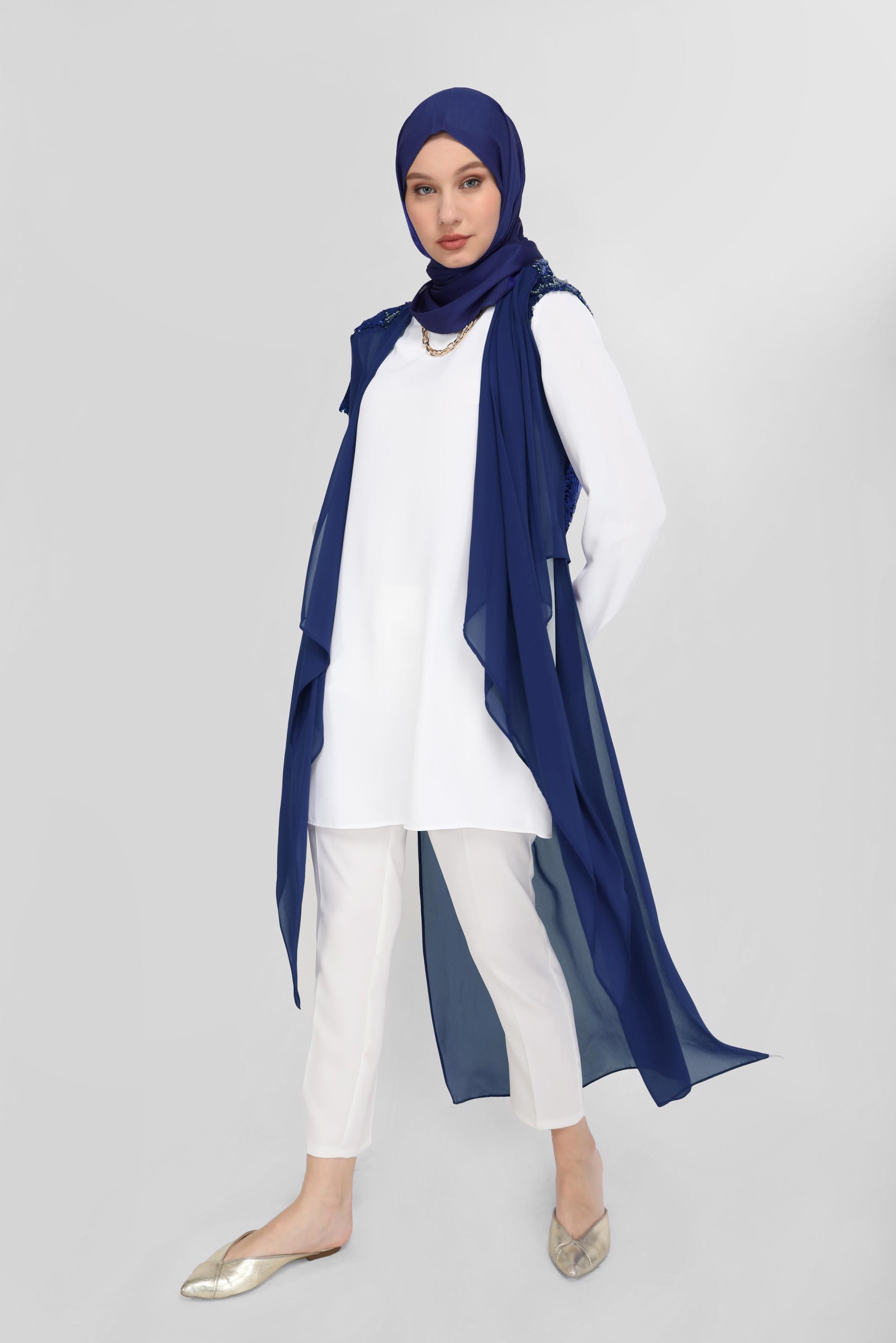 Tesettür giyim LACİVERT PULLU ASİMETRİK KESİM  ŞİFON YELEK 40851  