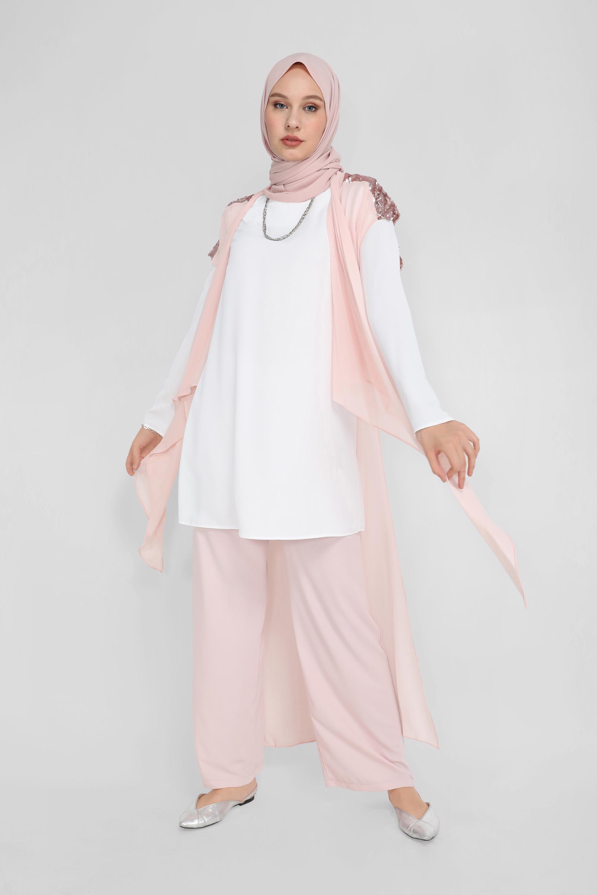 Hijab clothing POWDER SEQUIN DETAIL ASYMMETRIC CUT CHIFFON VEST 40851 