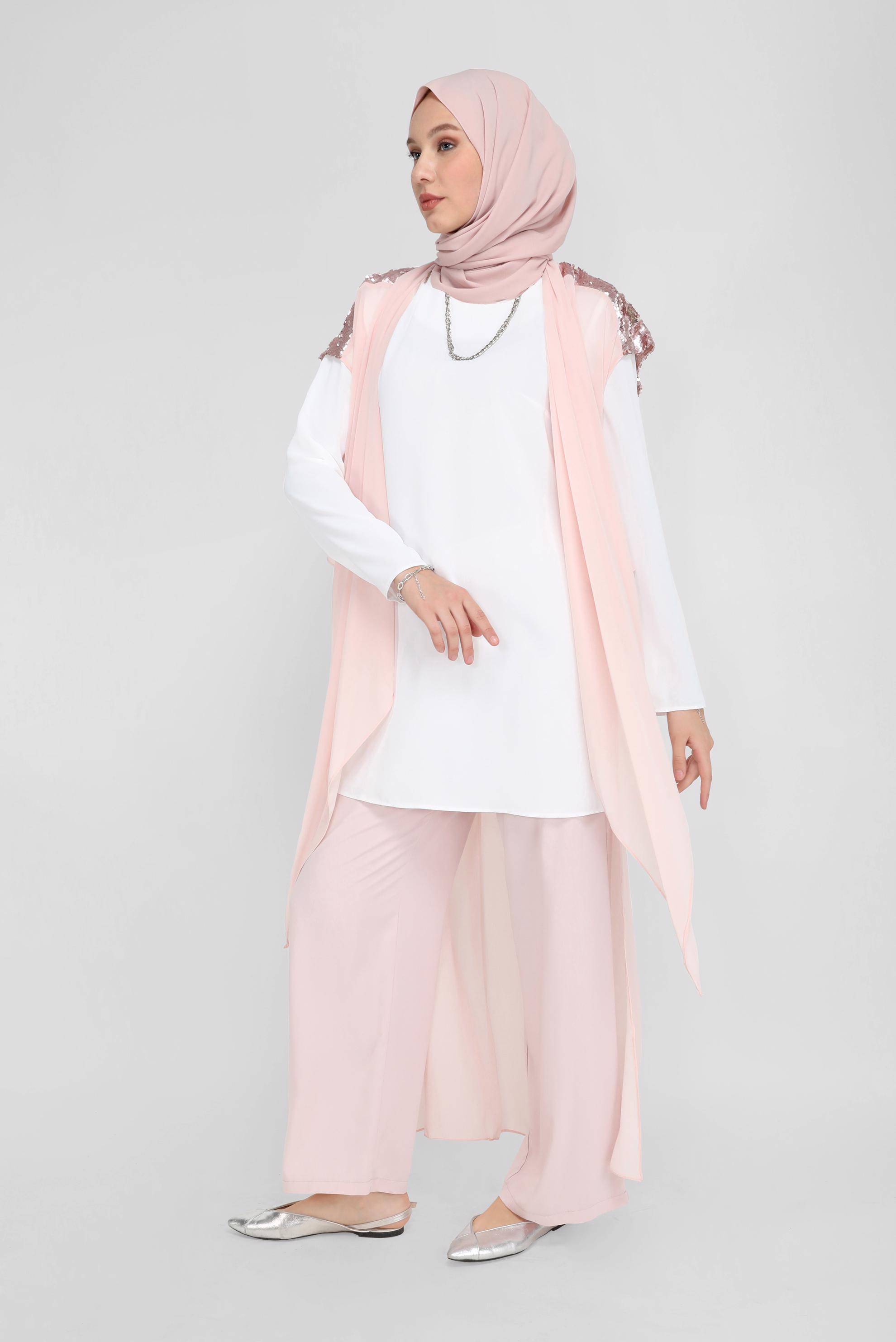 Hijab clothing POWDER SEQUIN DETAIL ASYMMETRIC CUT CHIFFON VEST 40851 