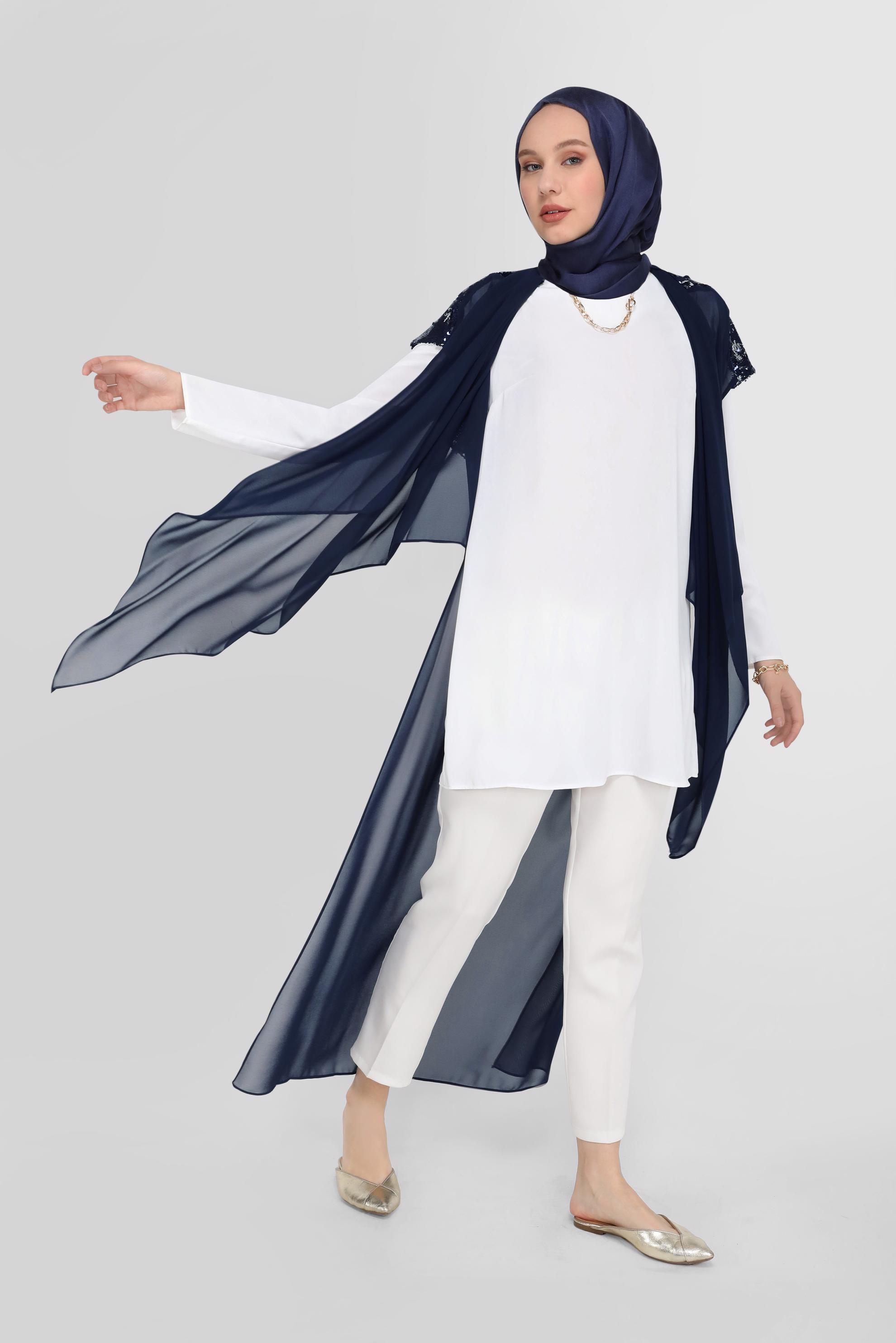 Tesettür giyim LACİVERT PULLU ASİMETRİK KESİM  ŞİFON YELEK 40851  