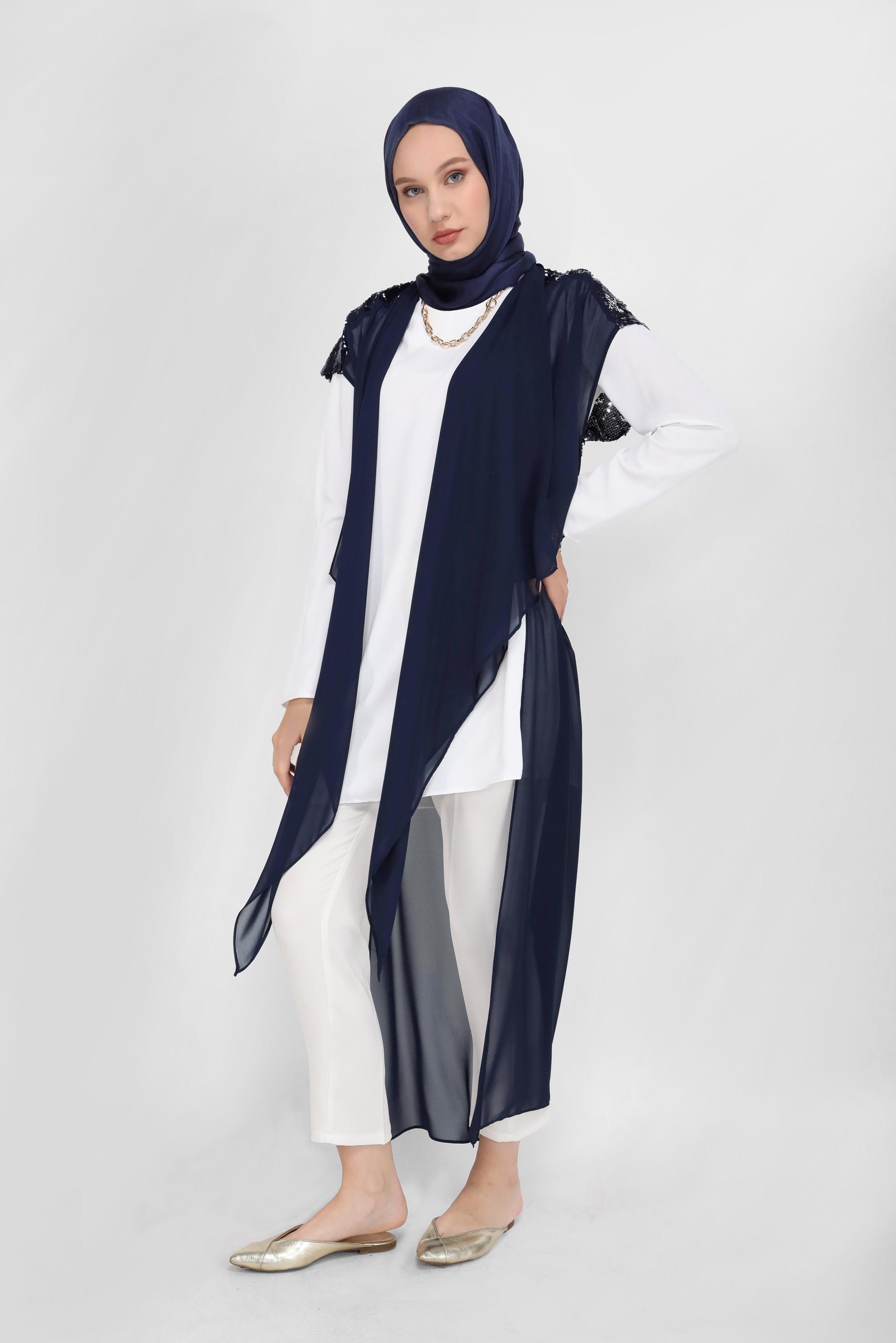 Tesettür giyim LACİVERT PULLU ASİMETRİK KESİM  ŞİFON YELEK 40851  