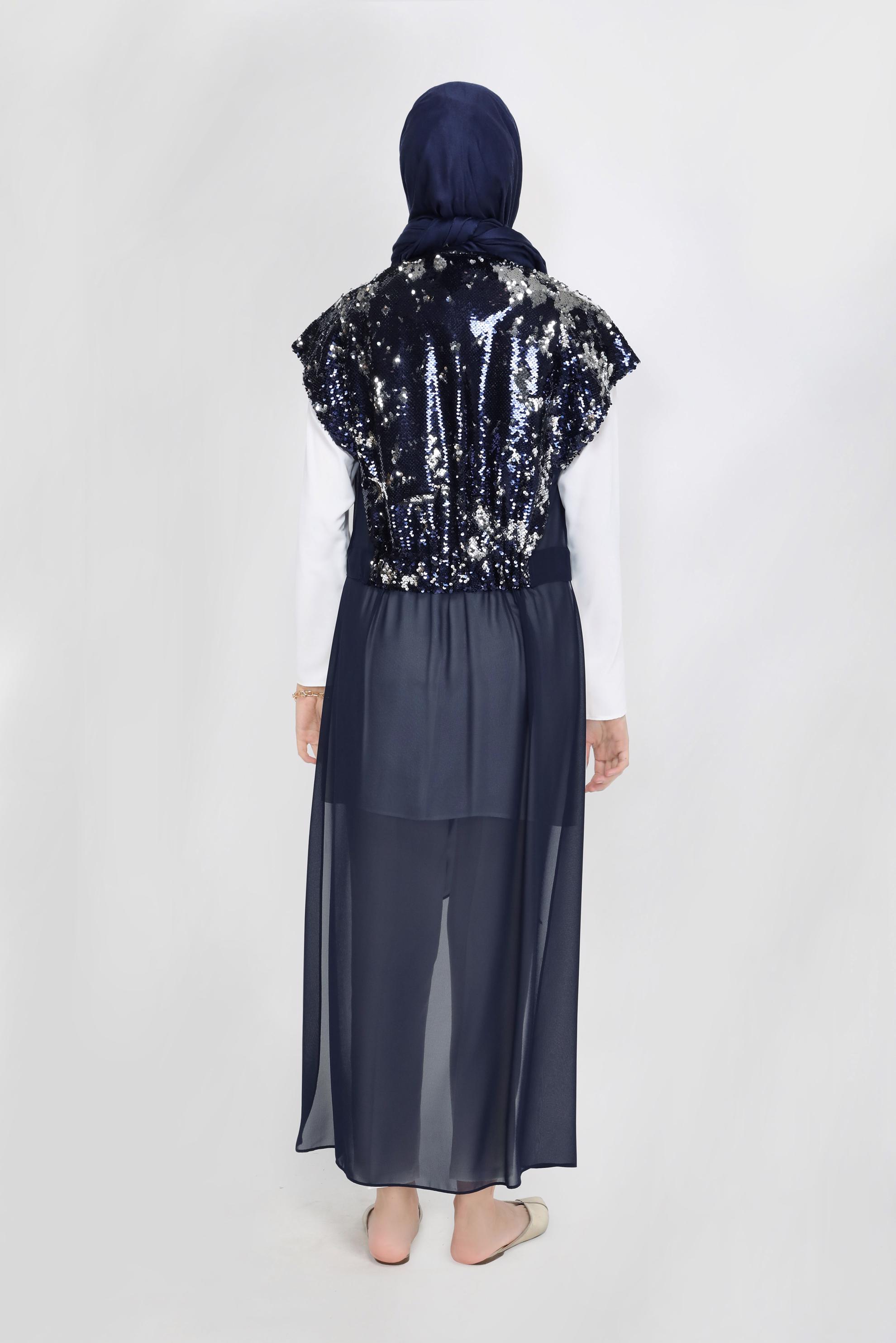 Tesettür giyim LACİVERT PULLU ASİMETRİK KESİM  ŞİFON YELEK 40851  