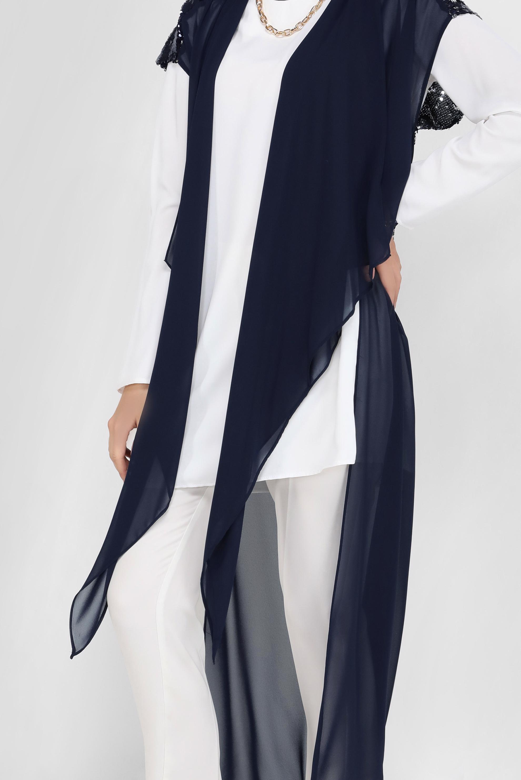 Tesettür giyim LACİVERT PULLU ASİMETRİK KESİM  ŞİFON YELEK 40851  