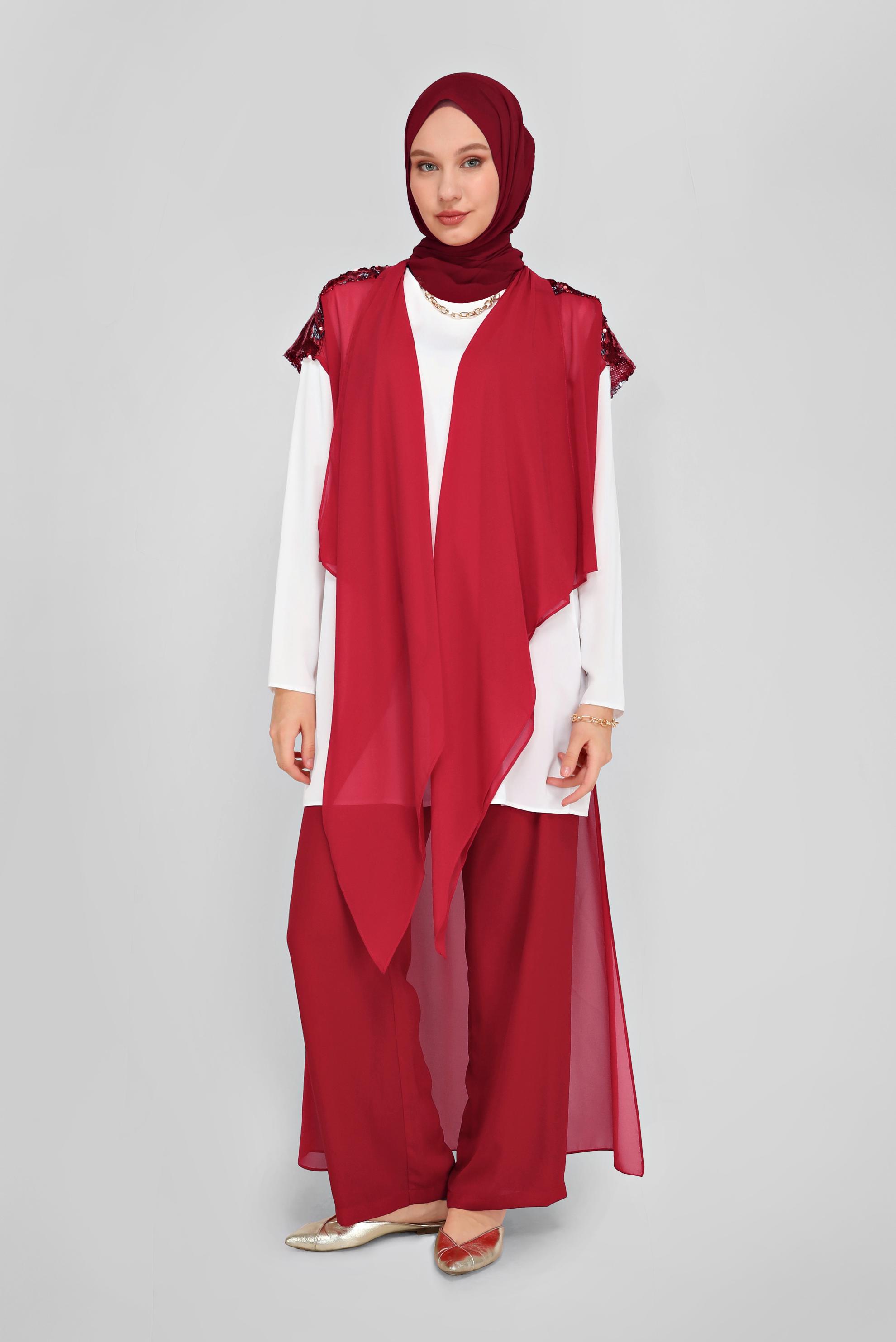 Vêtements hijab ROUGE BORDEAUX GILET EN MOUSSELINE DE COUPE ASYMÉTRIQUE ÉCHELLE 40851