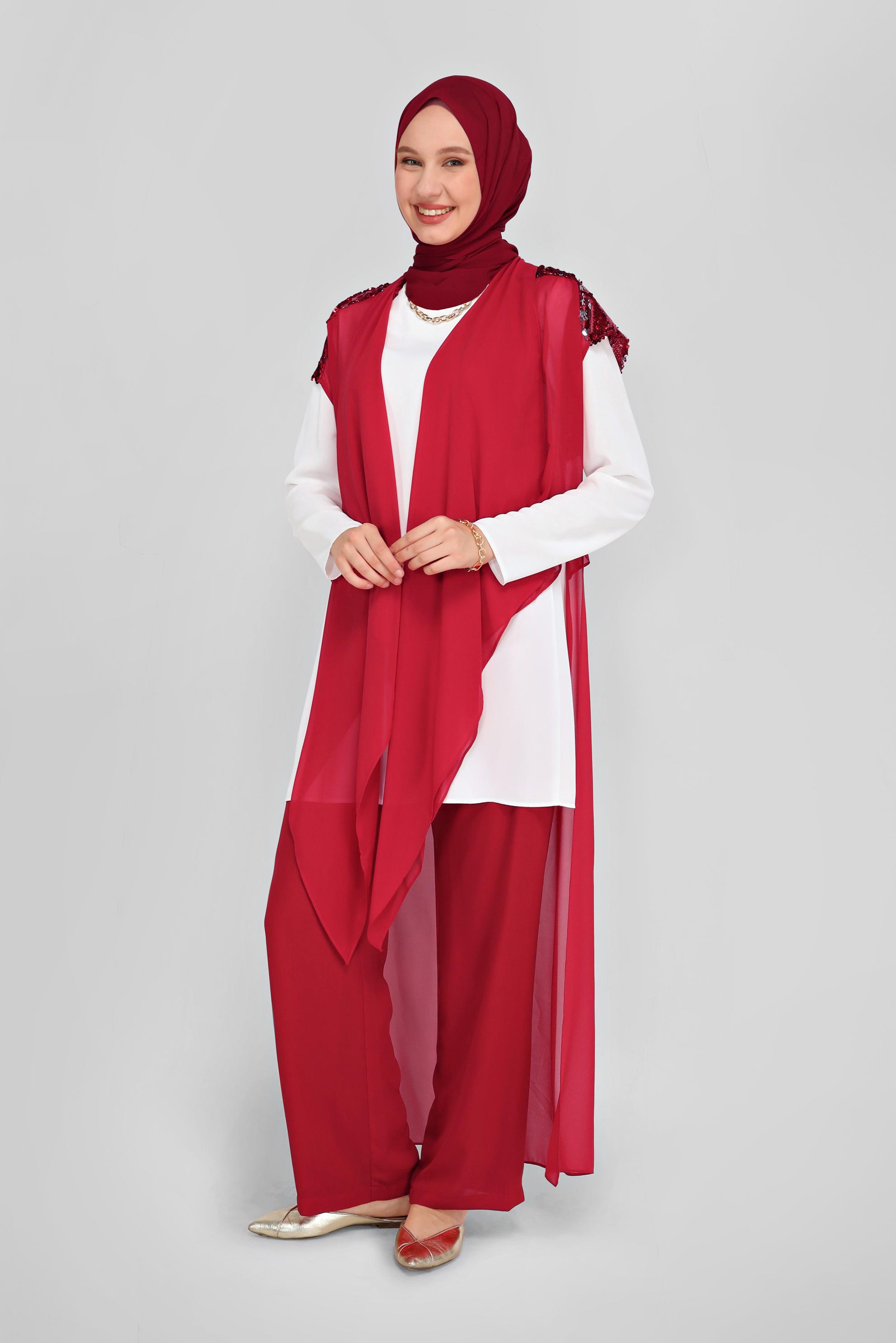 Vêtements hijab ROUGE BORDEAUX GILET EN MOUSSELINE DE COUPE ASYMÉTRIQUE ÉCHELLE 40851