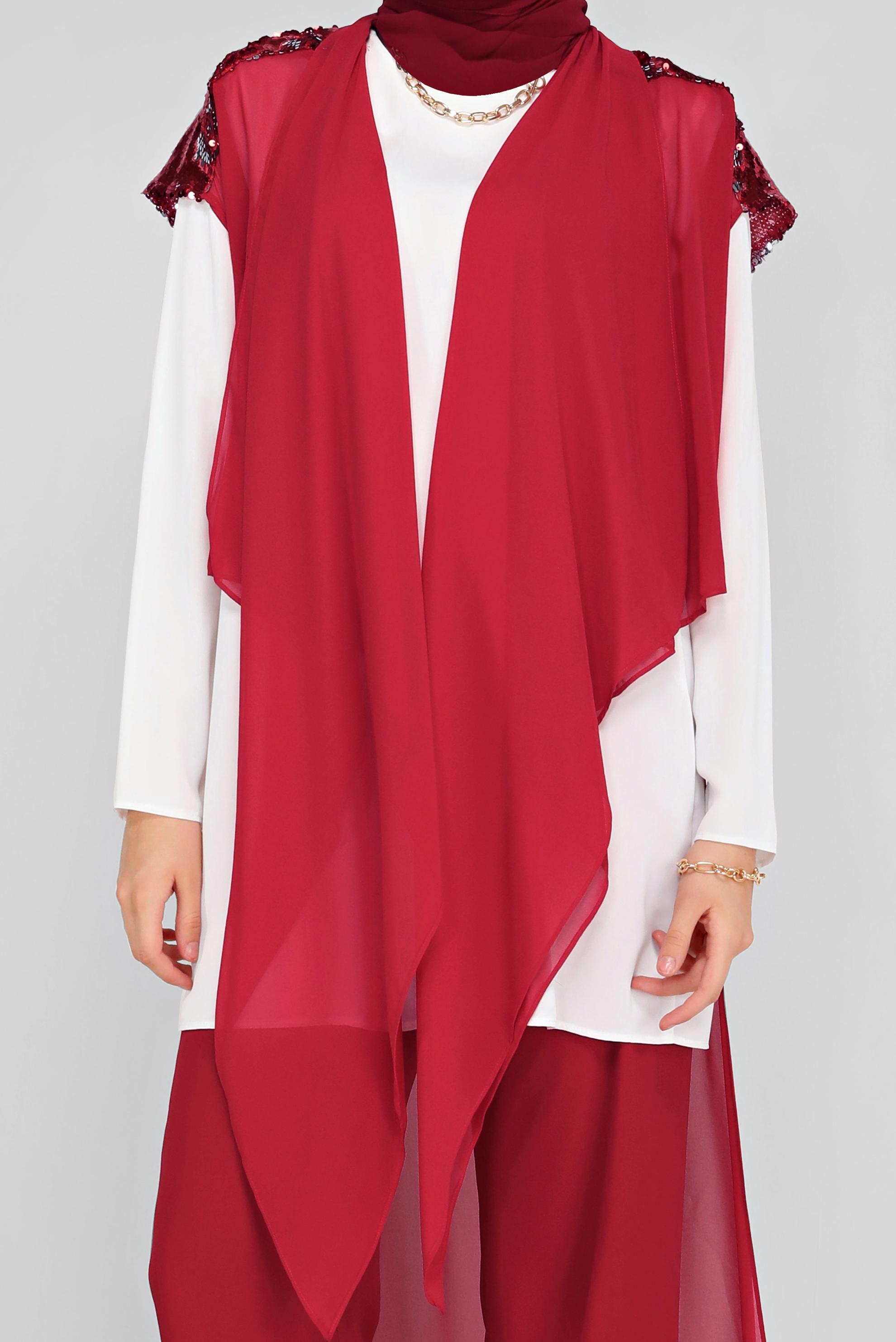 Vêtements hijab ROUGE BORDEAUX GILET EN MOUSSELINE DE COUPE ASYMÉTRIQUE ÉCHELLE 40851
