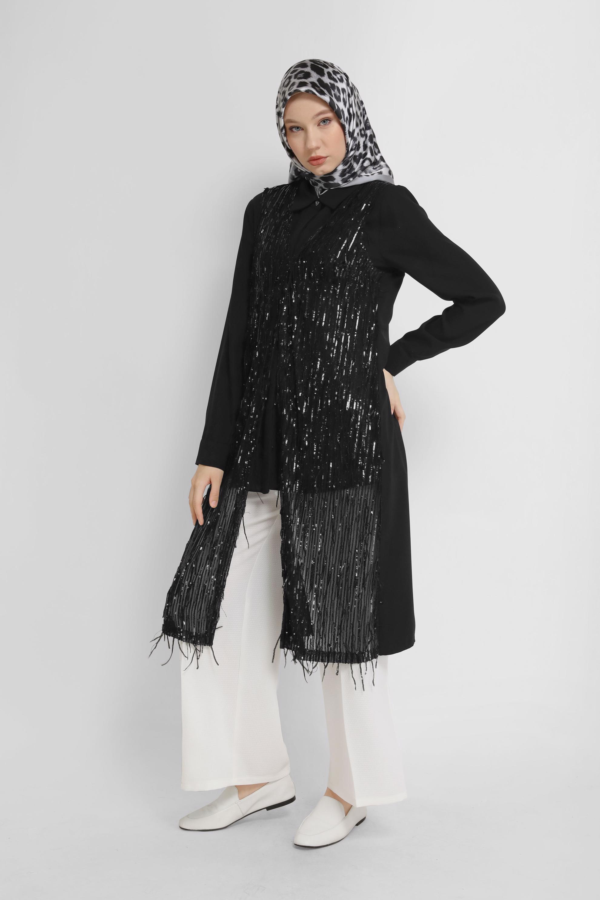 Tesettür giyim SİYAH PUL PAYET PÜSKÜLLÜ YELEK 40871