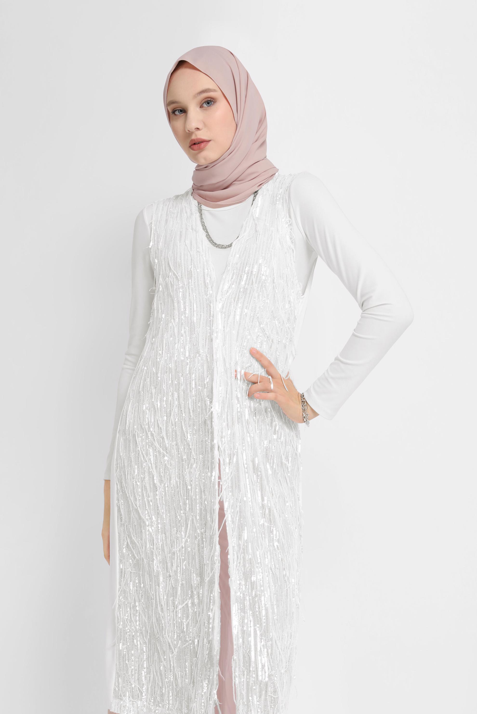 Hijab clothing ECRU FRINGE DETAIL SEQUINED VEST 40871 