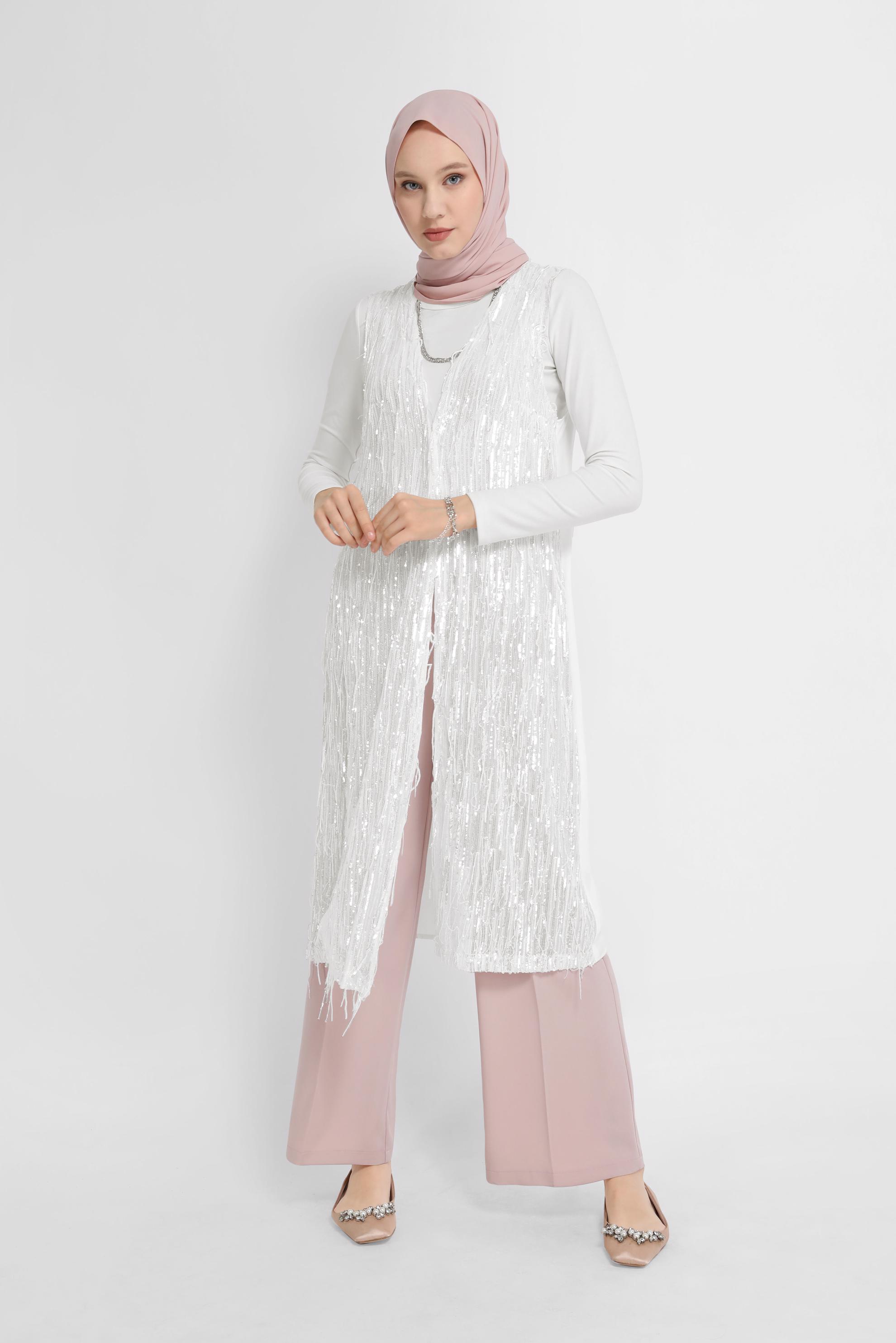 Hijab clothing ECRU FRINGE DETAIL SEQUINED VEST 40871 