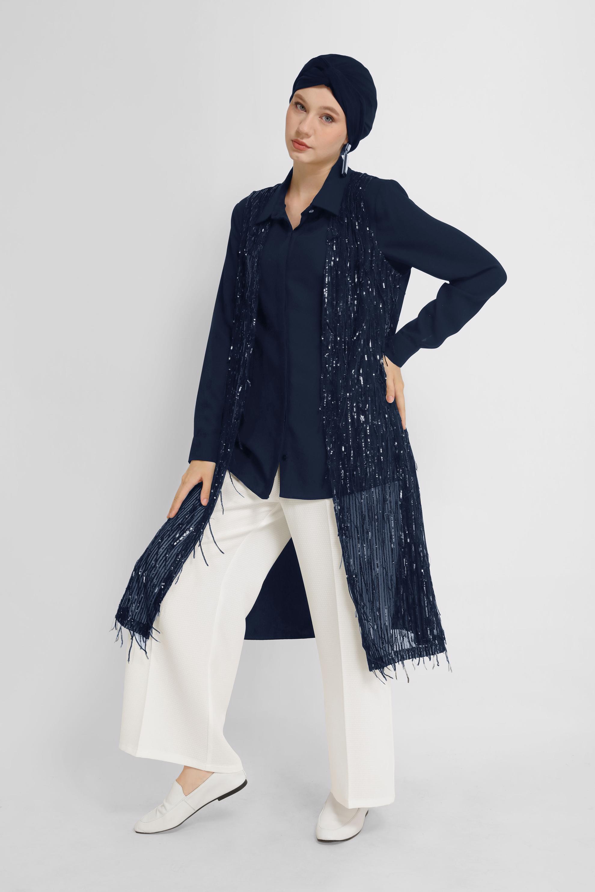 Tesettür giyim LACİVERT PUL PAYET PÜSKÜLLÜ YELEK 40871