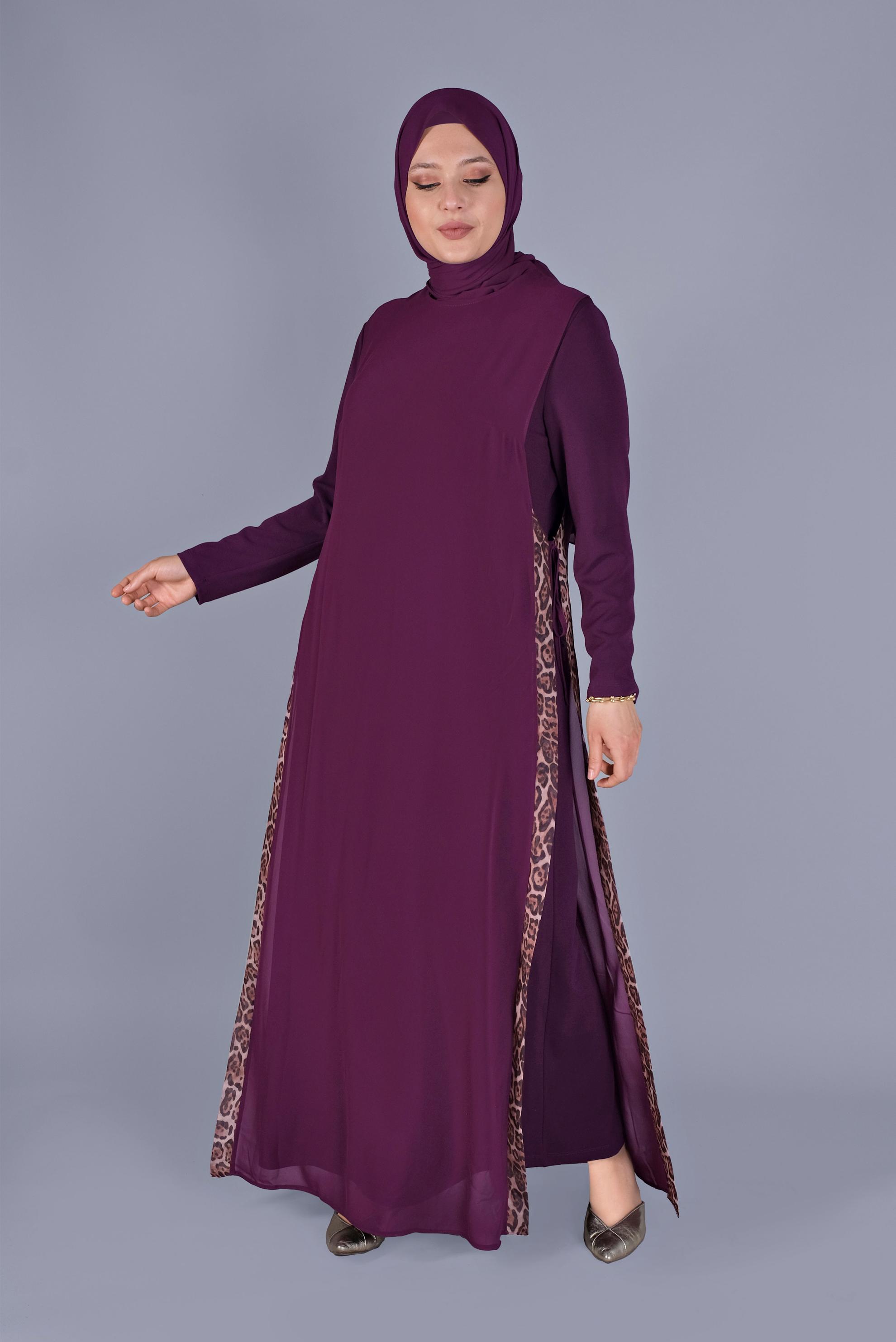 Tesettür giyim MOR LEOPAR DESENLİ İKİLİ ELBİSELİ TAKIM 20112 