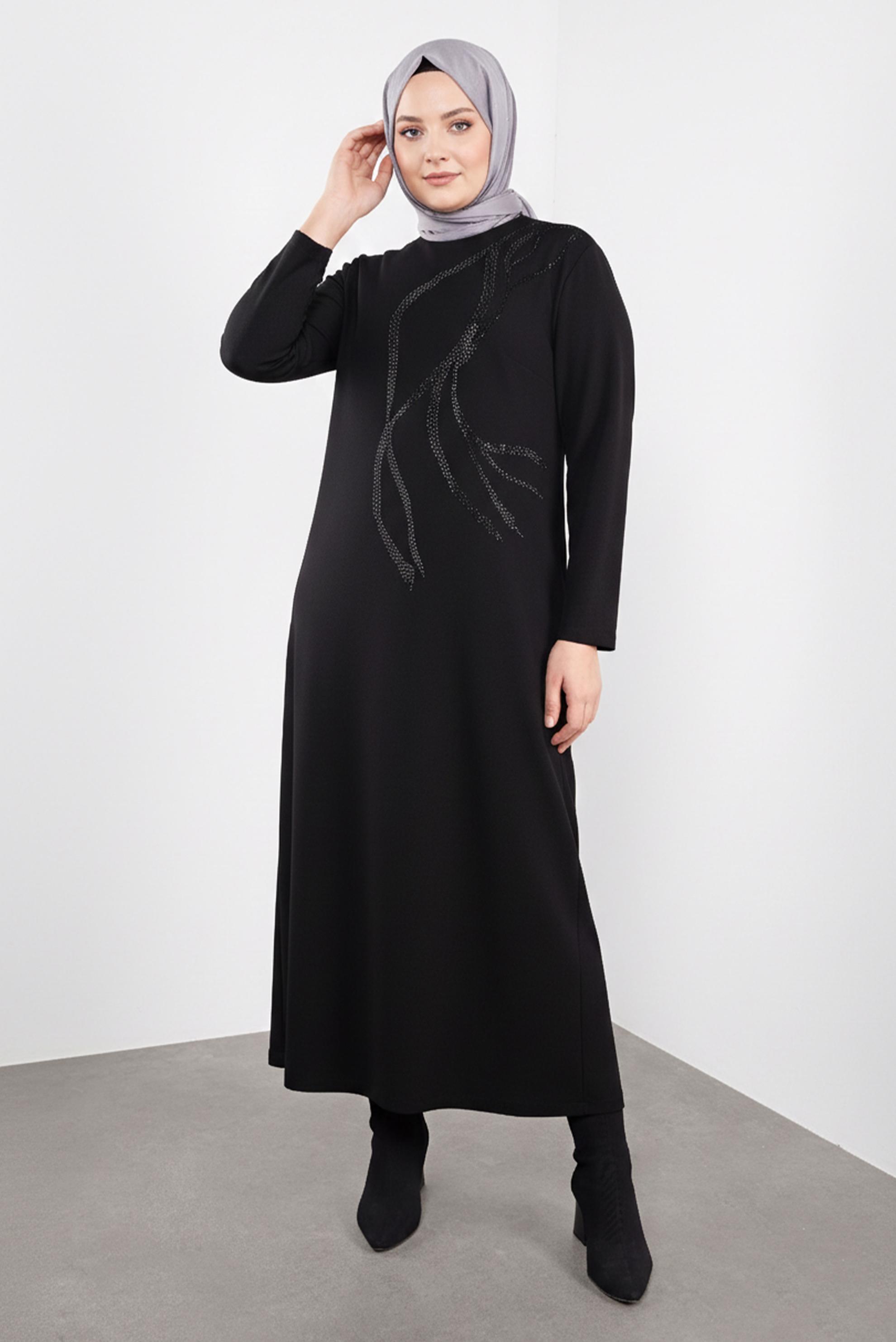Tesettür giyim SİYAH TAŞ BASKILI ELBİSE 20119