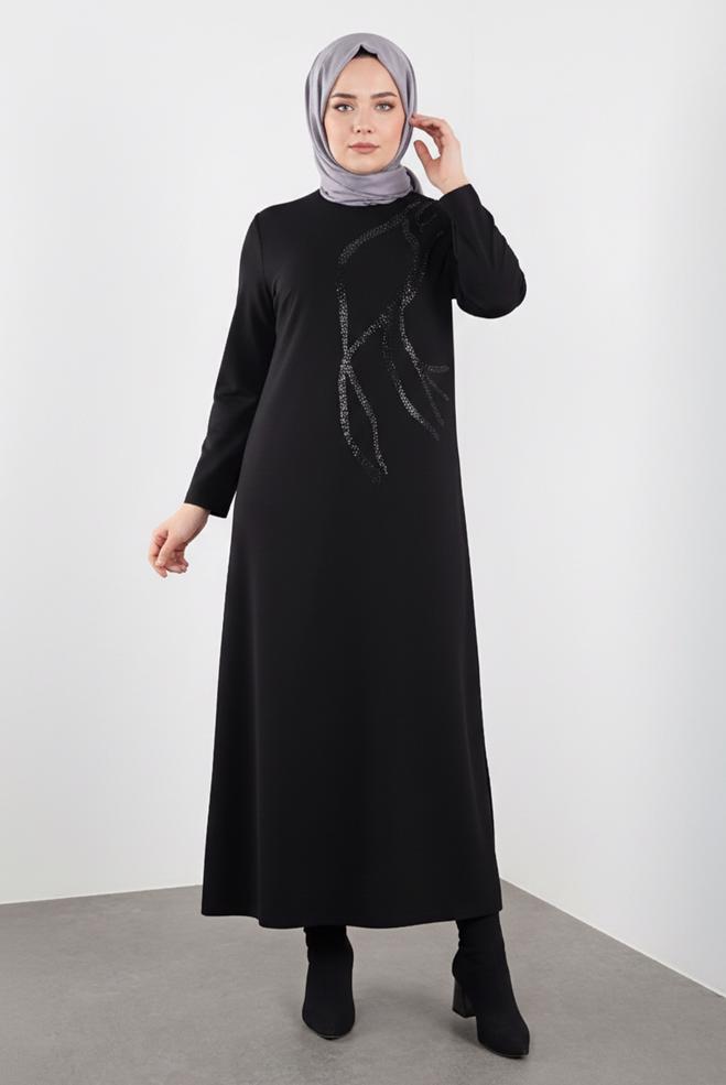 Hijab clothing BLACK EMBELLISHED DRESS 20119 - ALVİNA