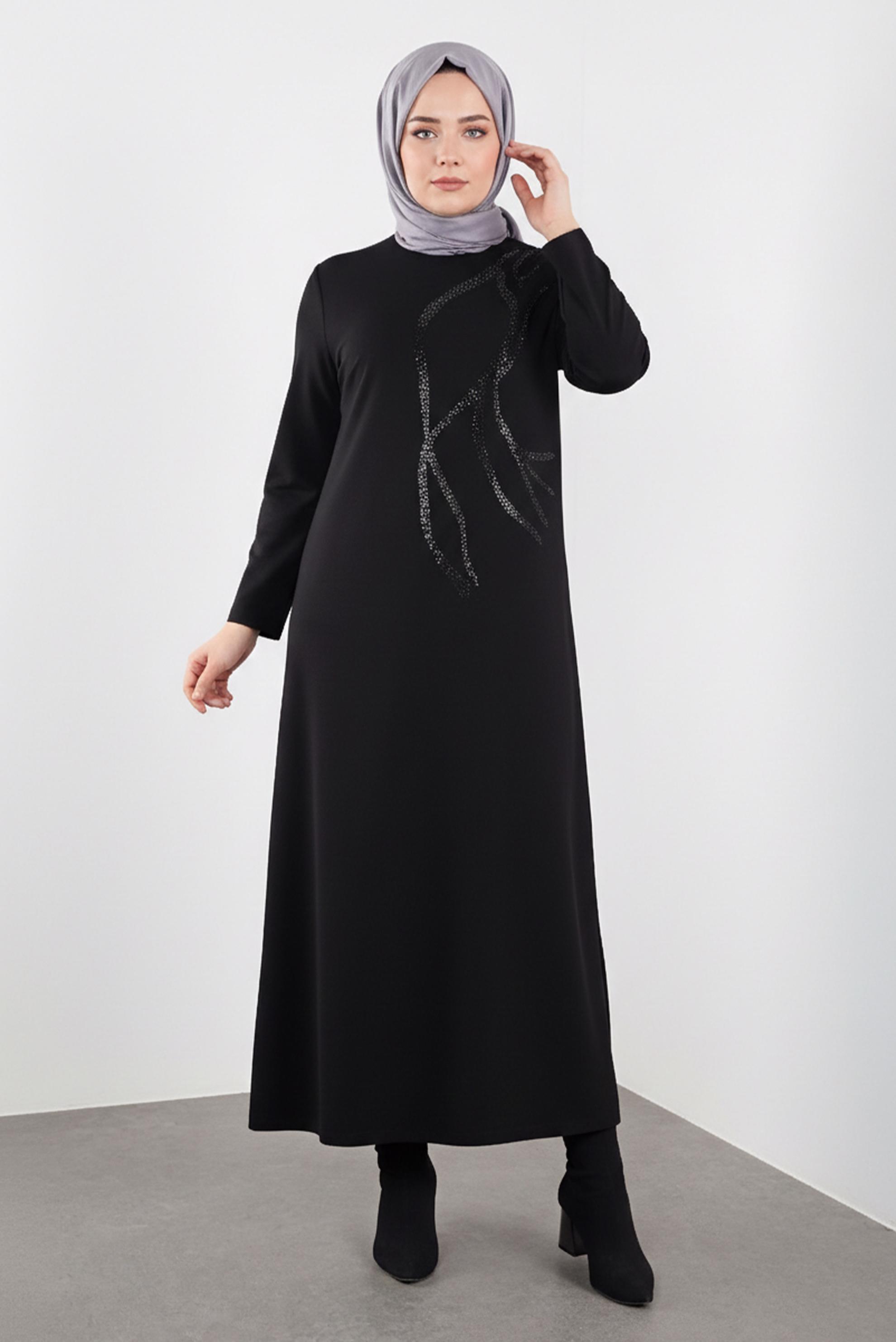 Tesettür giyim SİYAH TAŞ BASKILI ELBİSE 20119