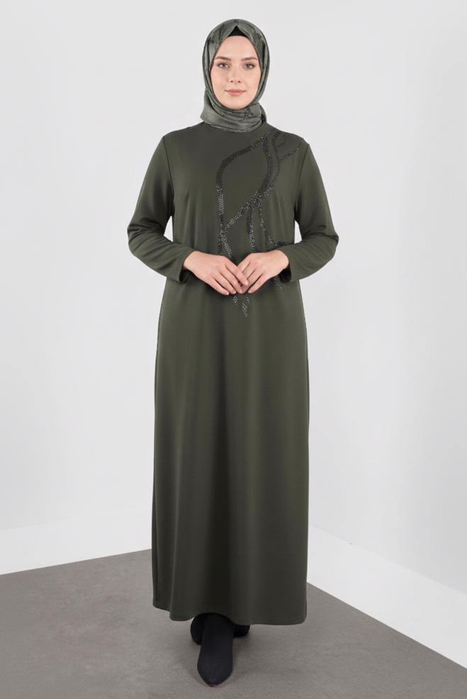 Hijab clothing KHAKI EMBELLISHED DRESS 20119 - ALVİNA